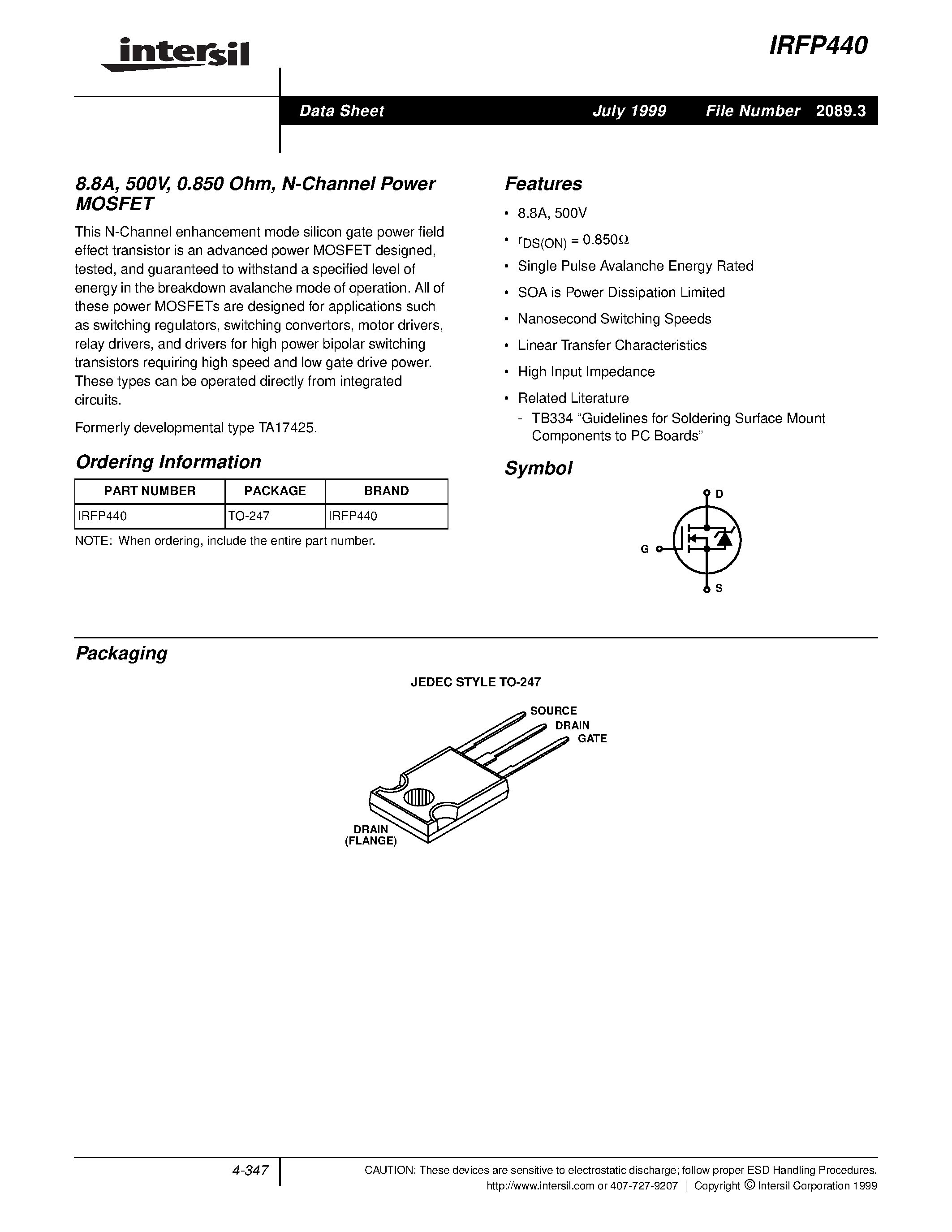 Datasheet IRFP440 - N-Channel Power MOSFET page 1