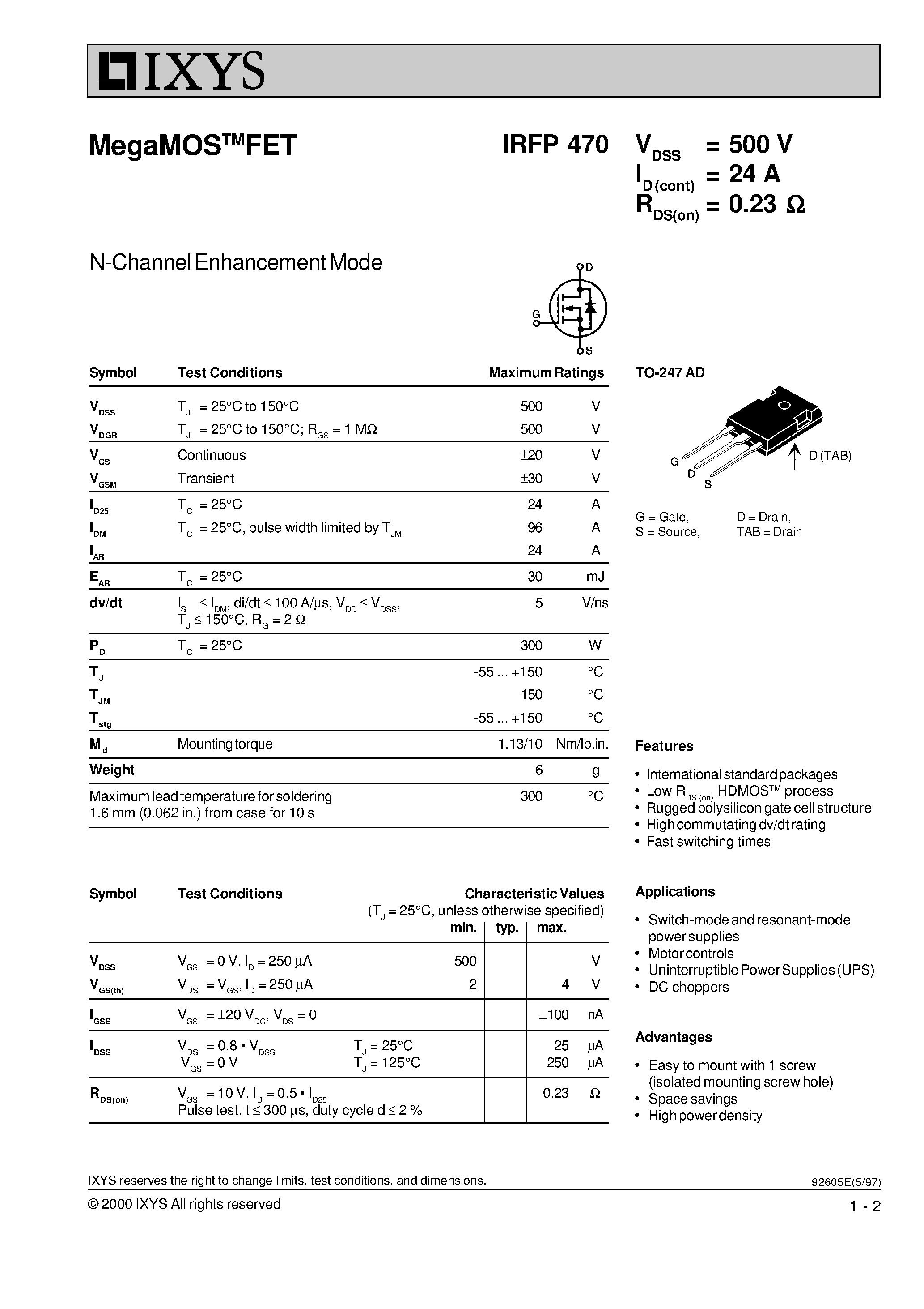 Datasheet IRFP470 - N-Channel Enhancement Mode MegaMOS FET page 1