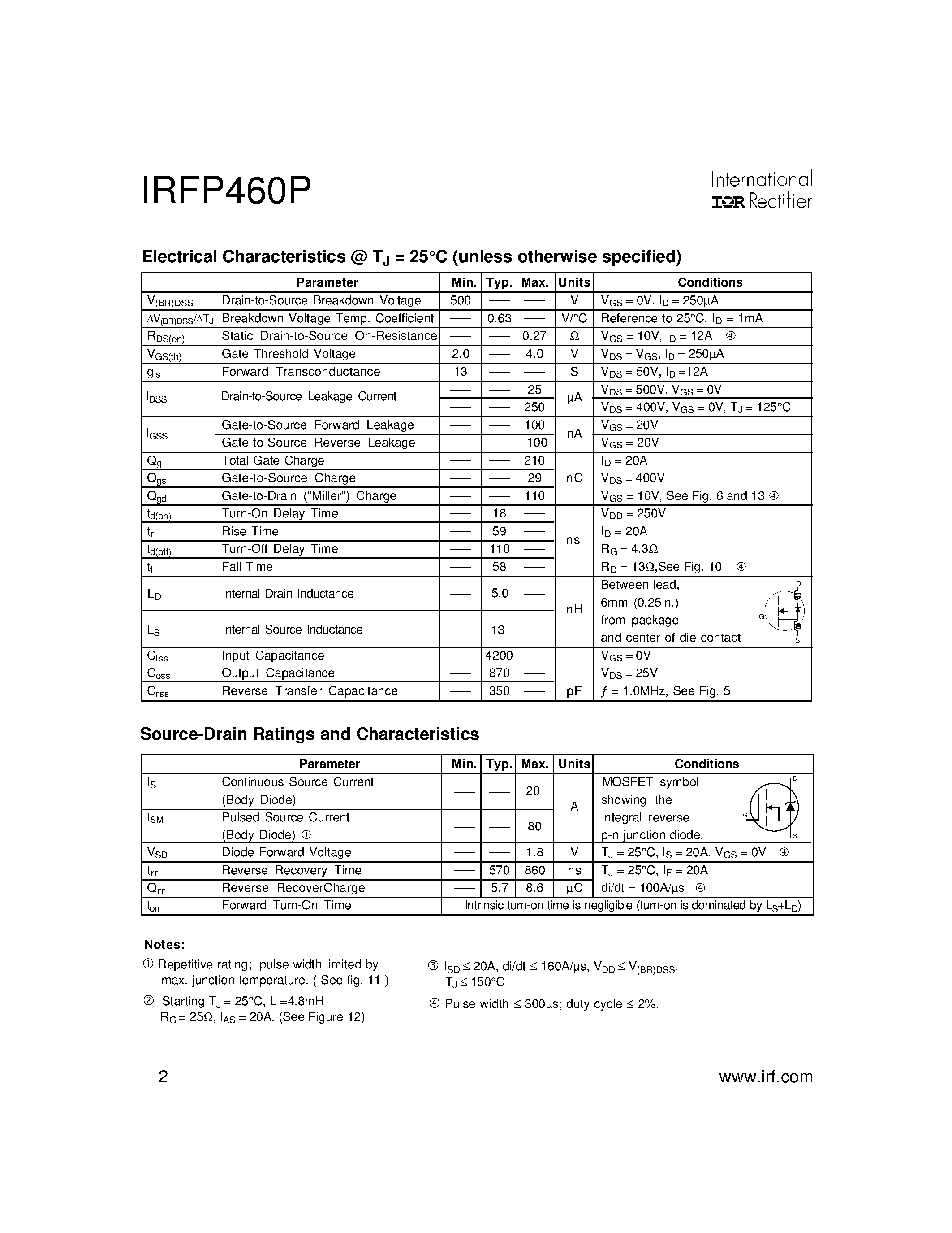 Datasheet IRFP460P page 2 Datasheet IRFP460P - Power MOSFET page 2
