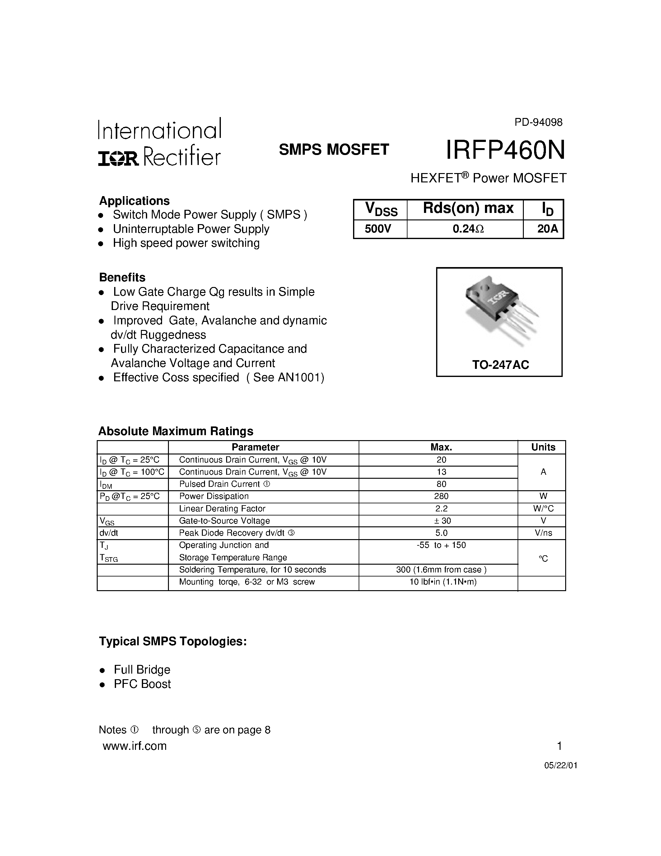 Datasheet IRFP460N - Power MOSFET page 1