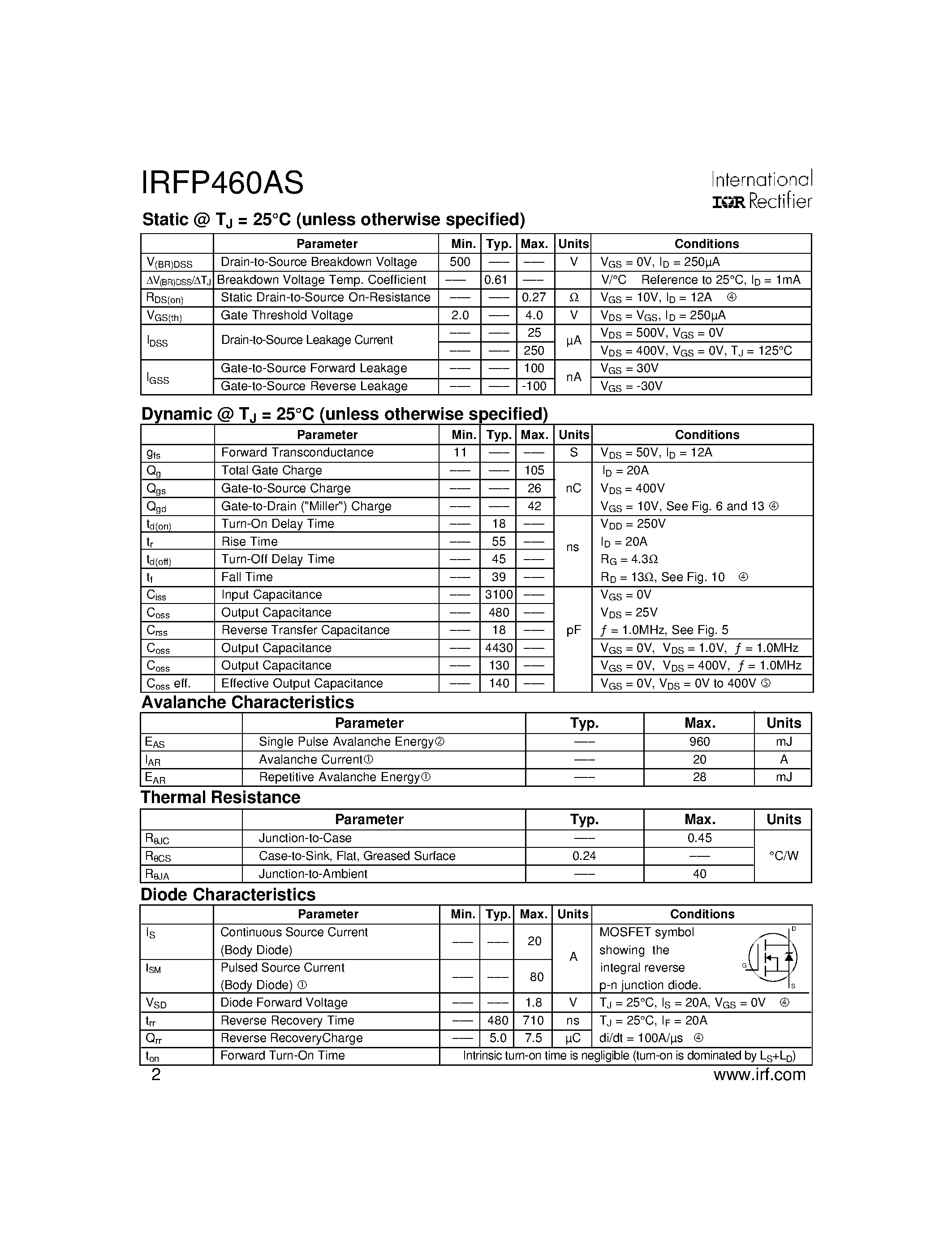 Datasheet IRFP460AS - Power MOSFET page 2