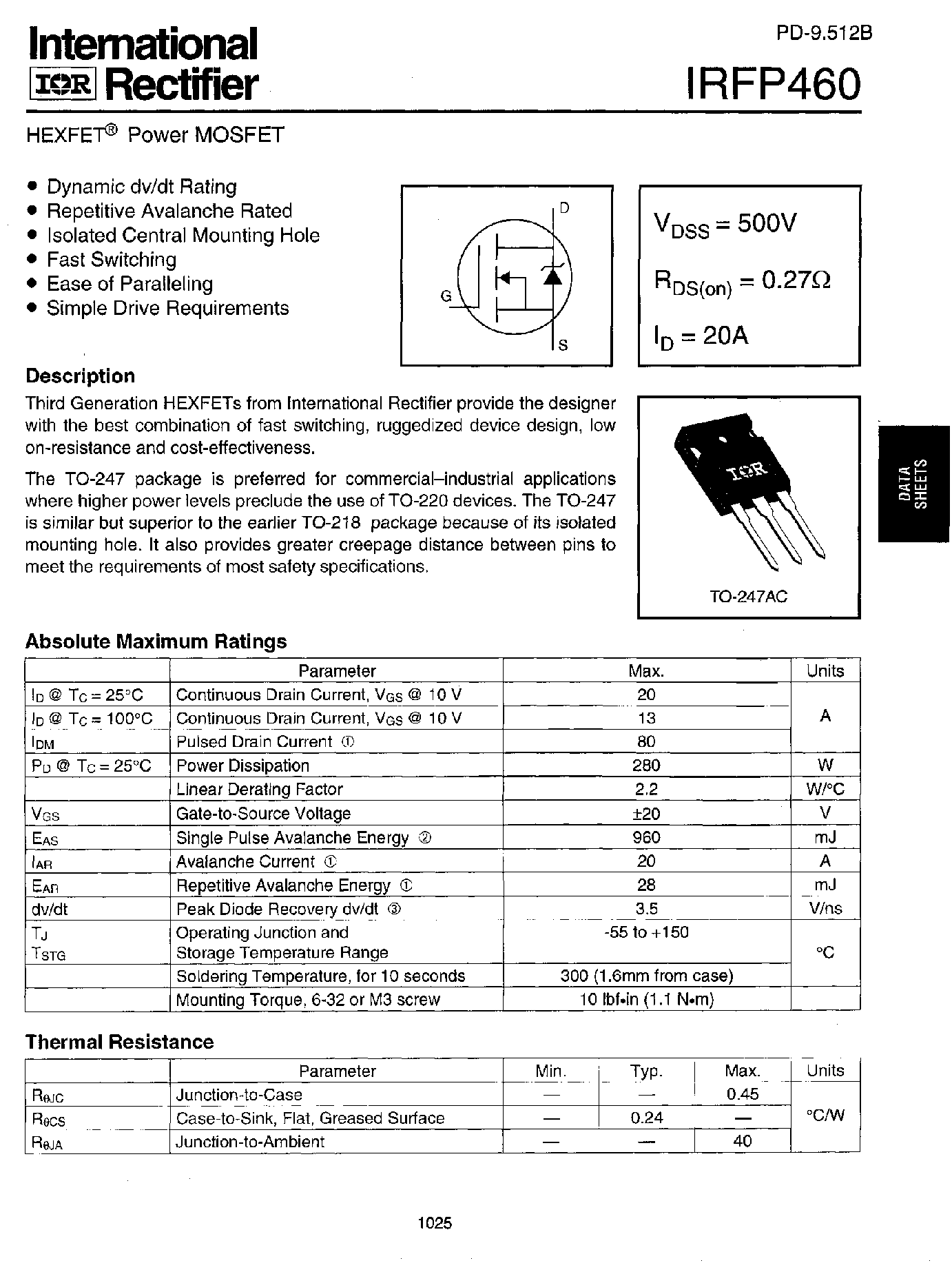 Datasheet IRFP460 - Power MOSFET page 1