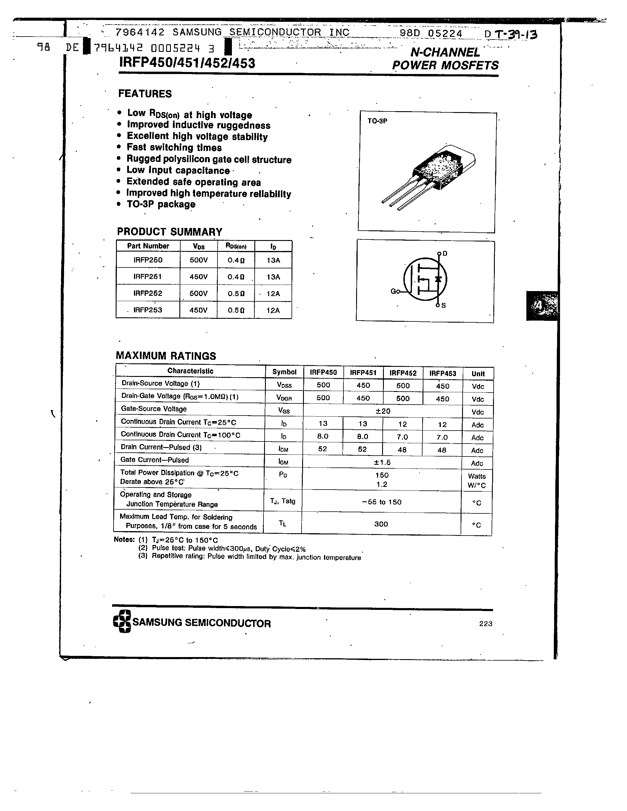 Datasheet IRFP451 - N-CHANNEL POWER MOSFETS page 1