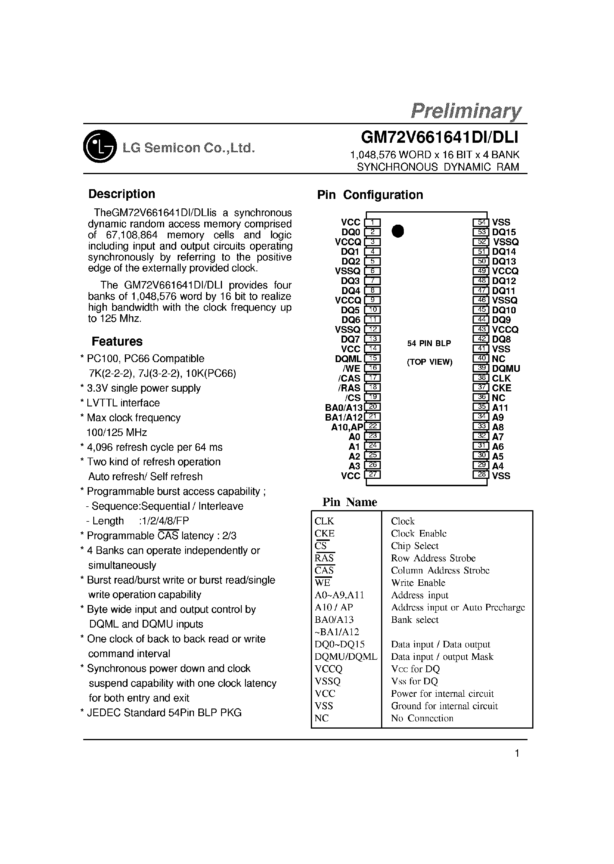 Datasheet GM72V661641D - 1M word x 16-Bit x 4 Bank SDRAM page 1