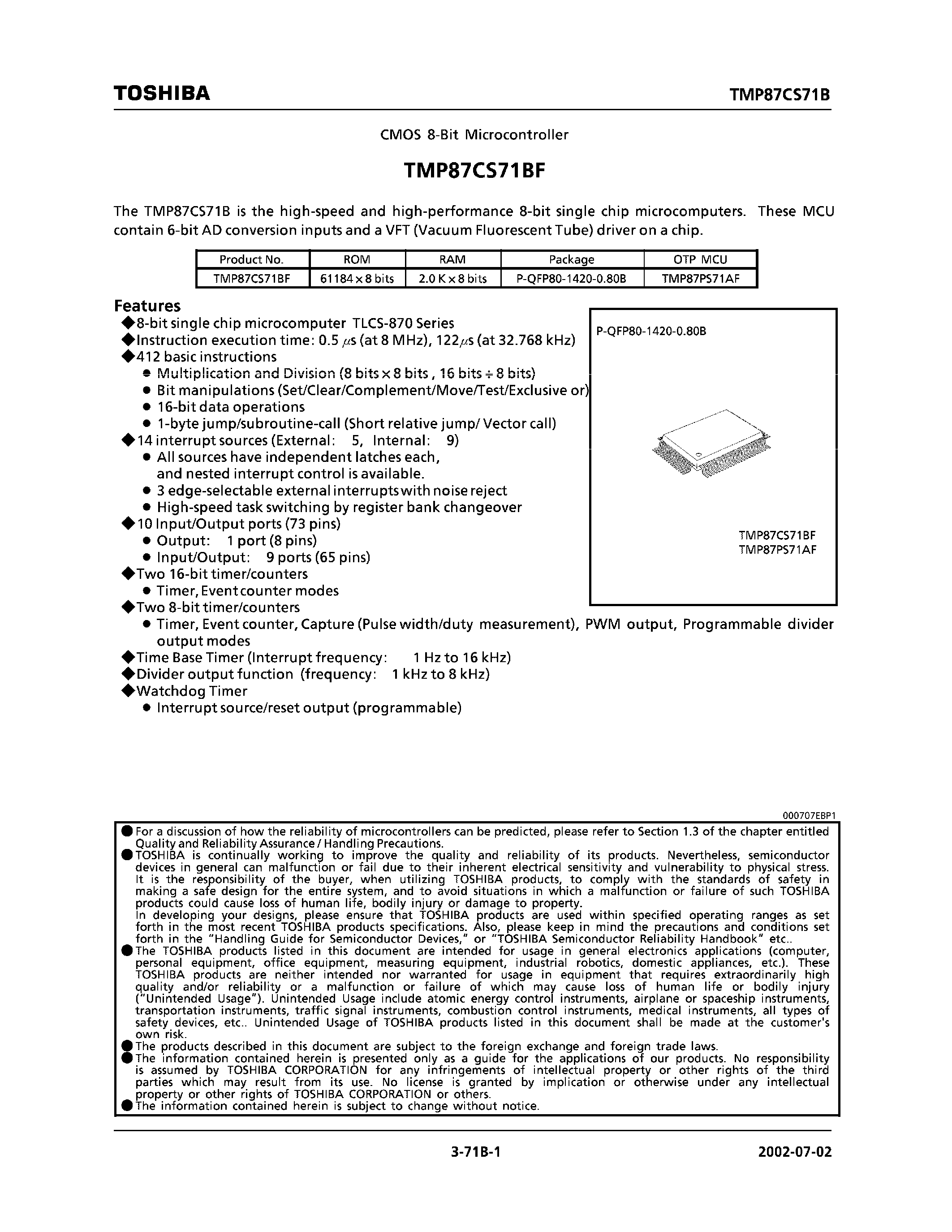Datasheet TMP87CS71BF - CMOS 8-Bit Microcontroller page 1