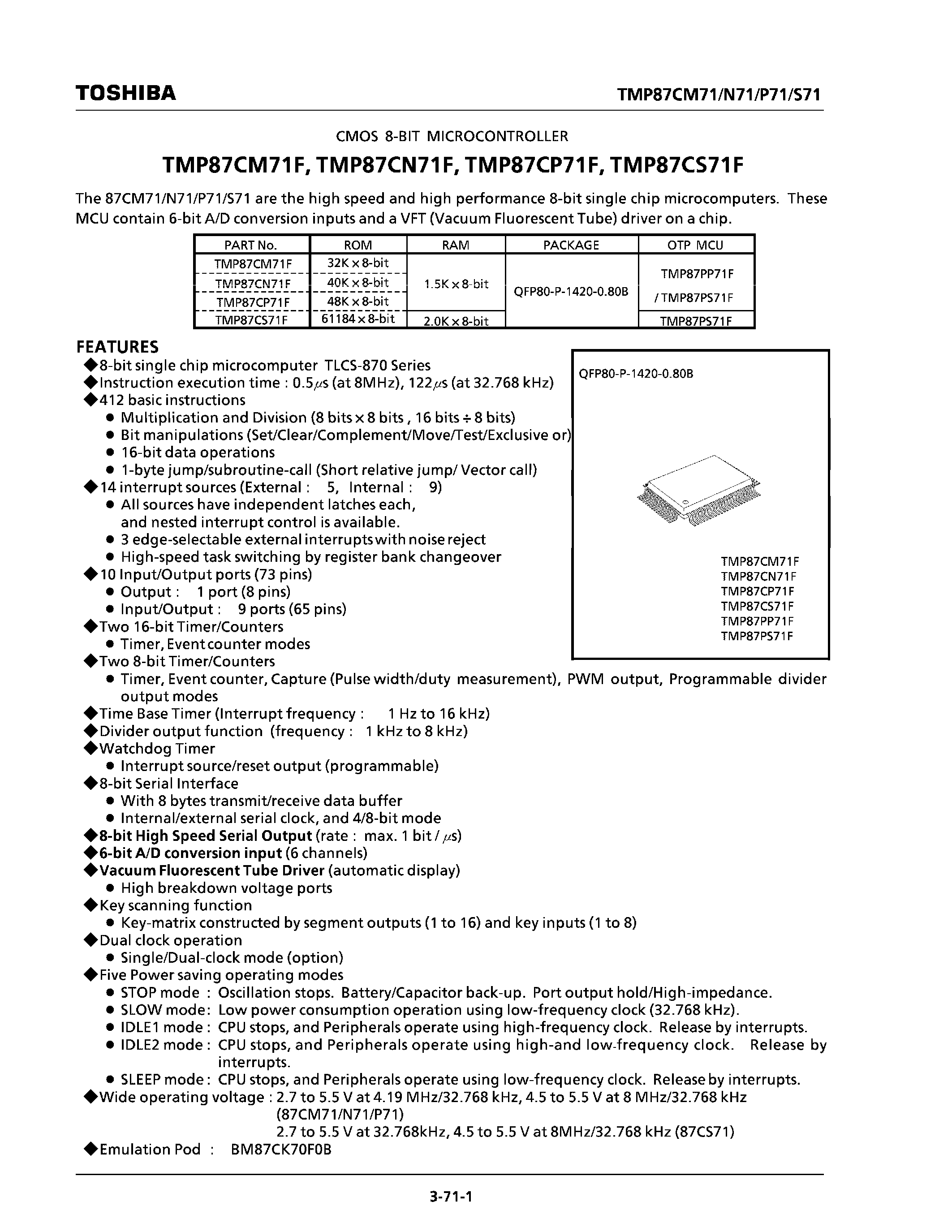 Datasheet 87CS71F page 1 Datasheet 87CS71F - Search ---> TMP87CS71F page 1