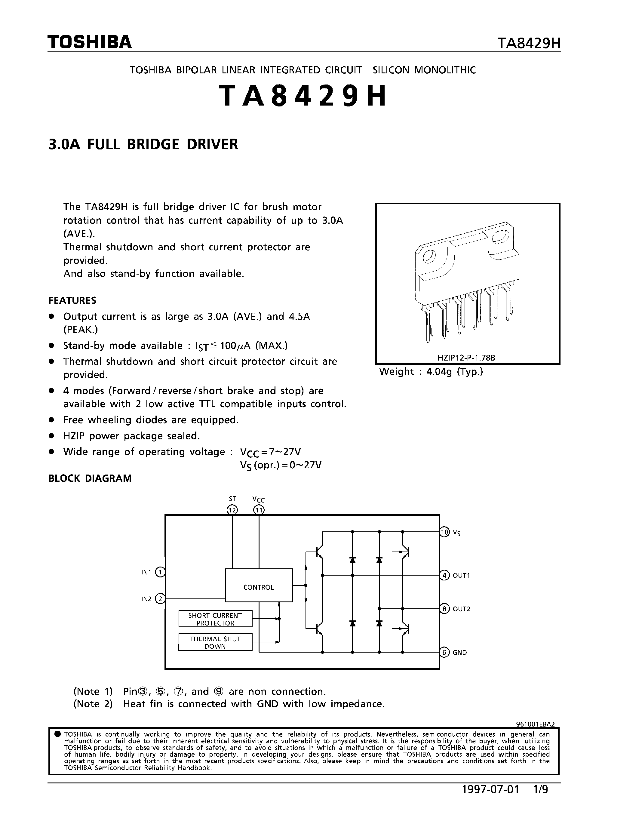 Datasheet TA8429H - 3.0A FULL VRIDGE DRIVER page 1