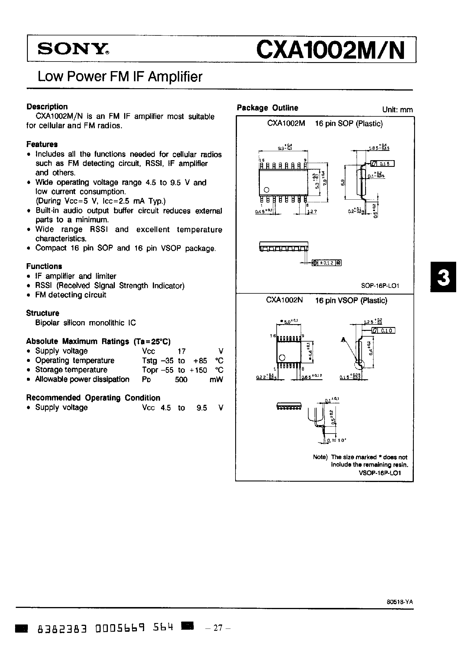 Datasheet CXA1002 page 1 Datasheet CXA1002 - Low Power FM IF Amplifier page 1