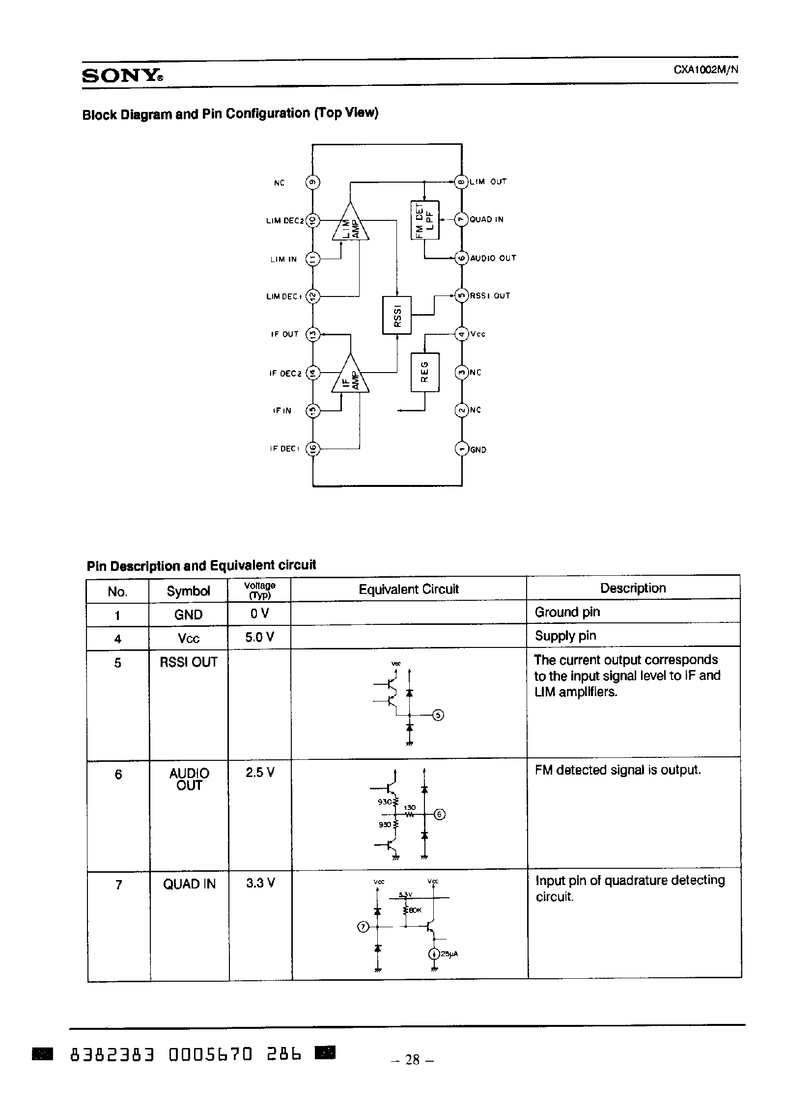 Datasheet CXA1002 page 2 Datasheet CXA1002 - Low Power FM IF Amplifier page 2