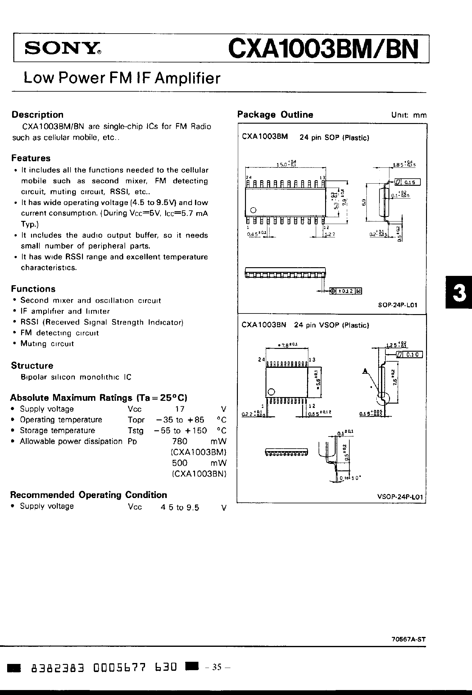 Datasheet CXA1003 - Low Power FM IF Amplifier page 1