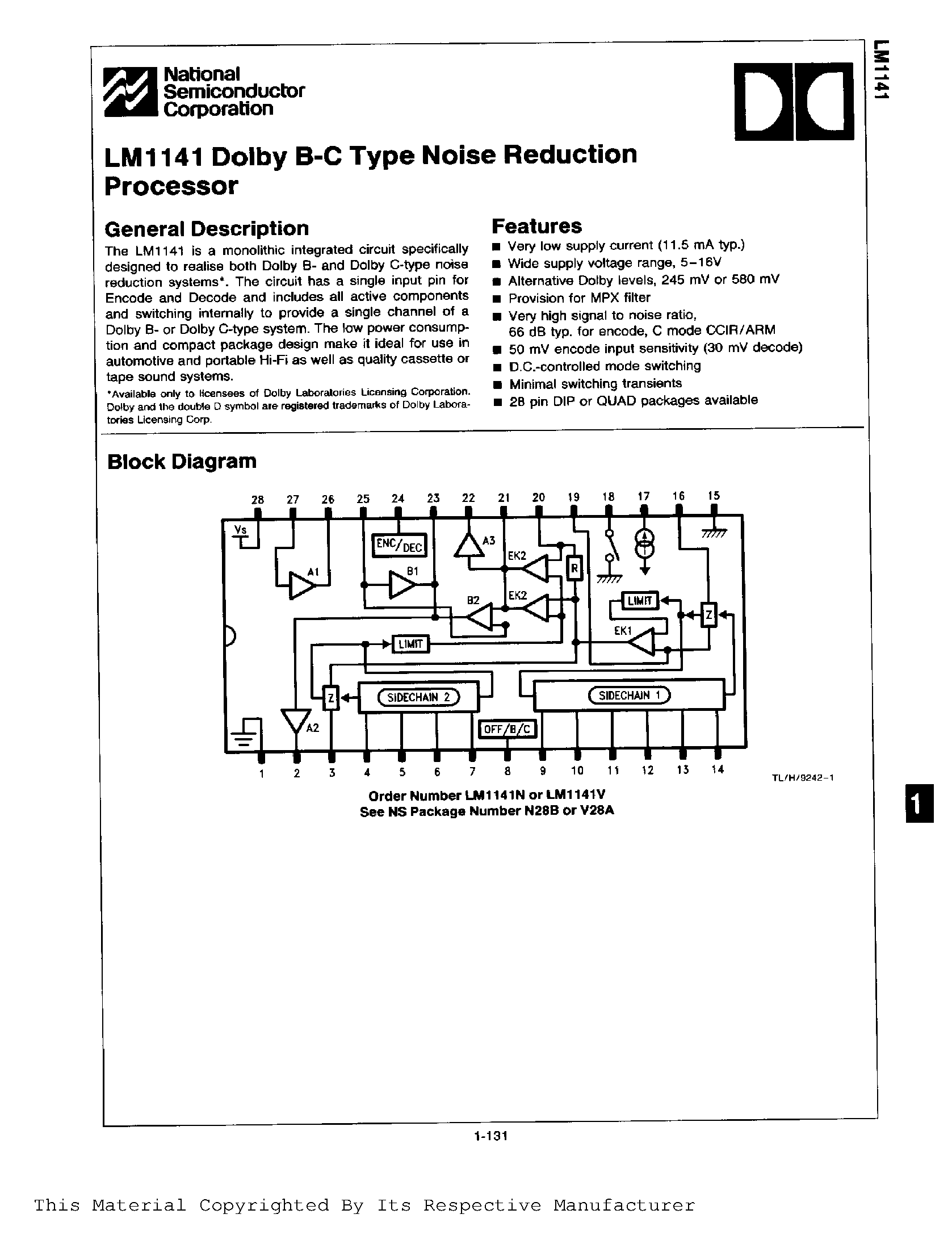 Datasheet LM1141 page 1 Datasheet LM1141 - Dolby B-C Type Noise Reduction page 1