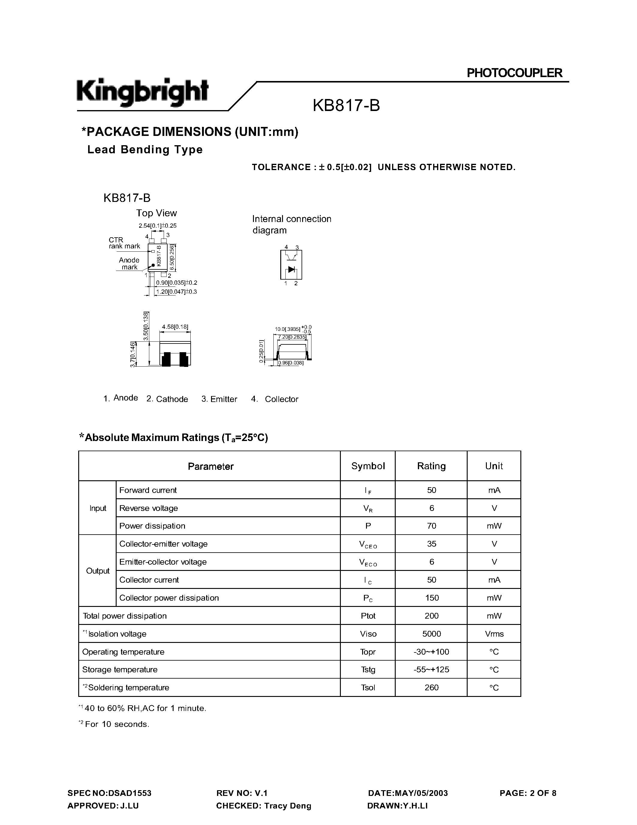 Даташит KB817-B - High Isolation Voltage Photocoupler страница 2