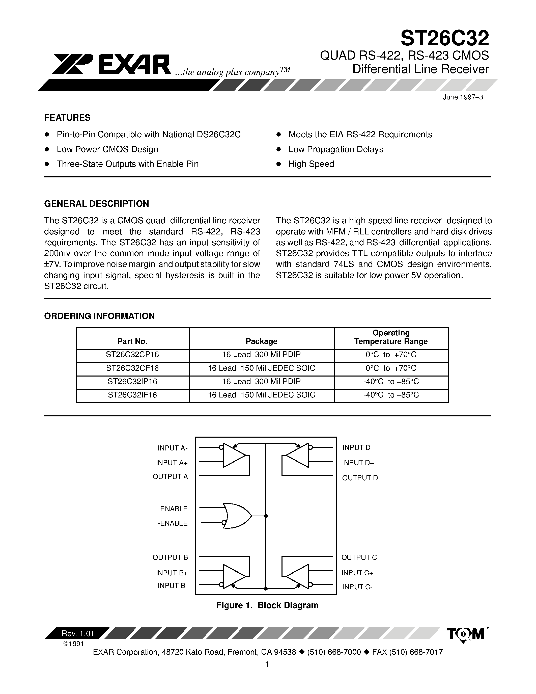 Datasheet ST26C32 - QUAD RS-422 / RS-423 CMOS Differential Line Receiver page 1