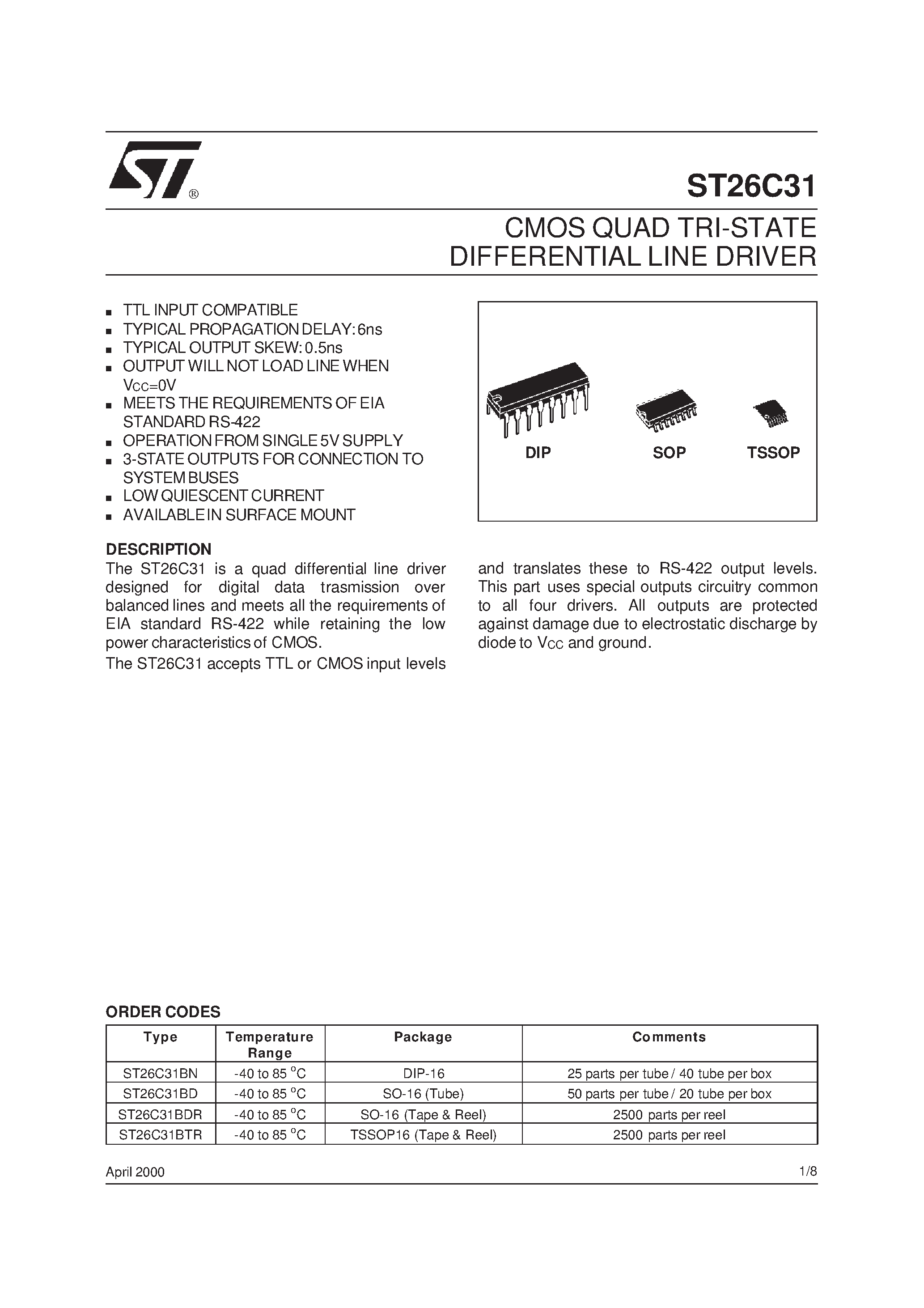 Datasheet ST26C31 page 1 Datasheet ST26C31 - CMOS QUAD TRI-STATE DIFFERENTIAL LINE DRIVER page 1