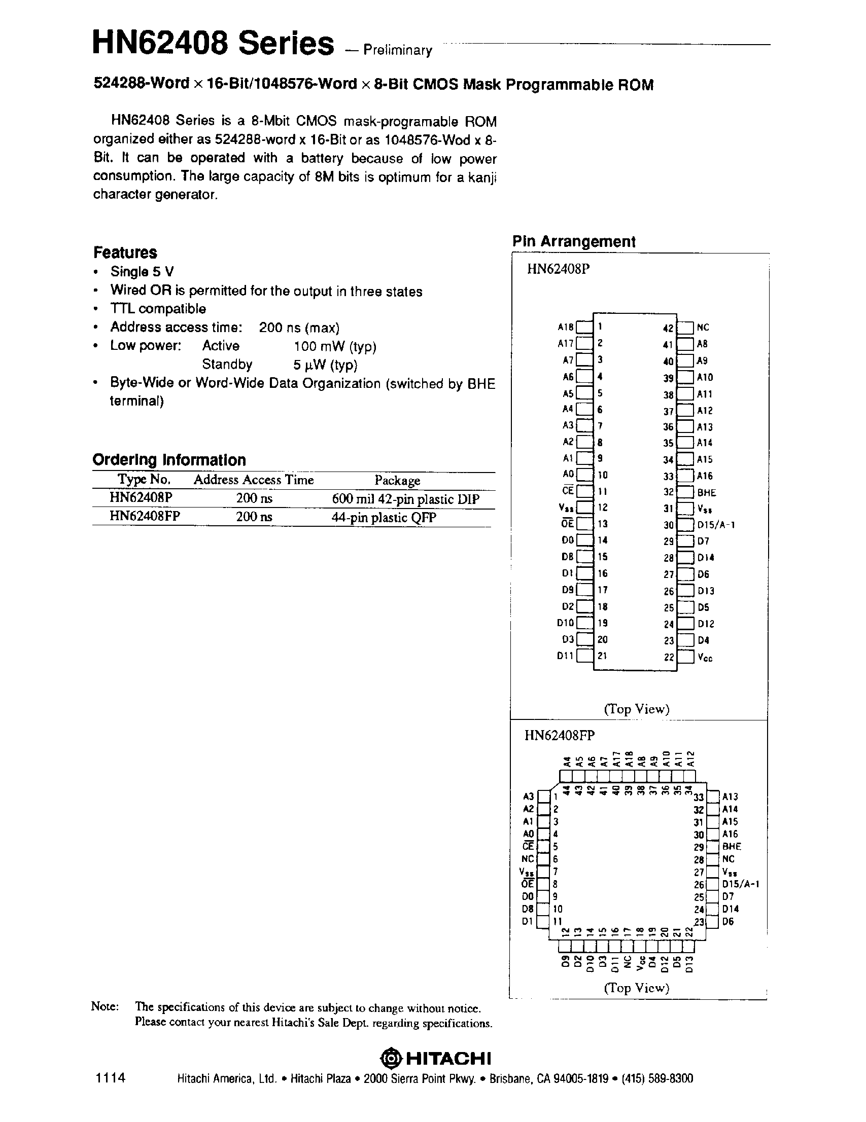 Datasheet HN62408 - 524288 word x 16-Bit / 1M x 8-Bit CMOS MPROM page 1
