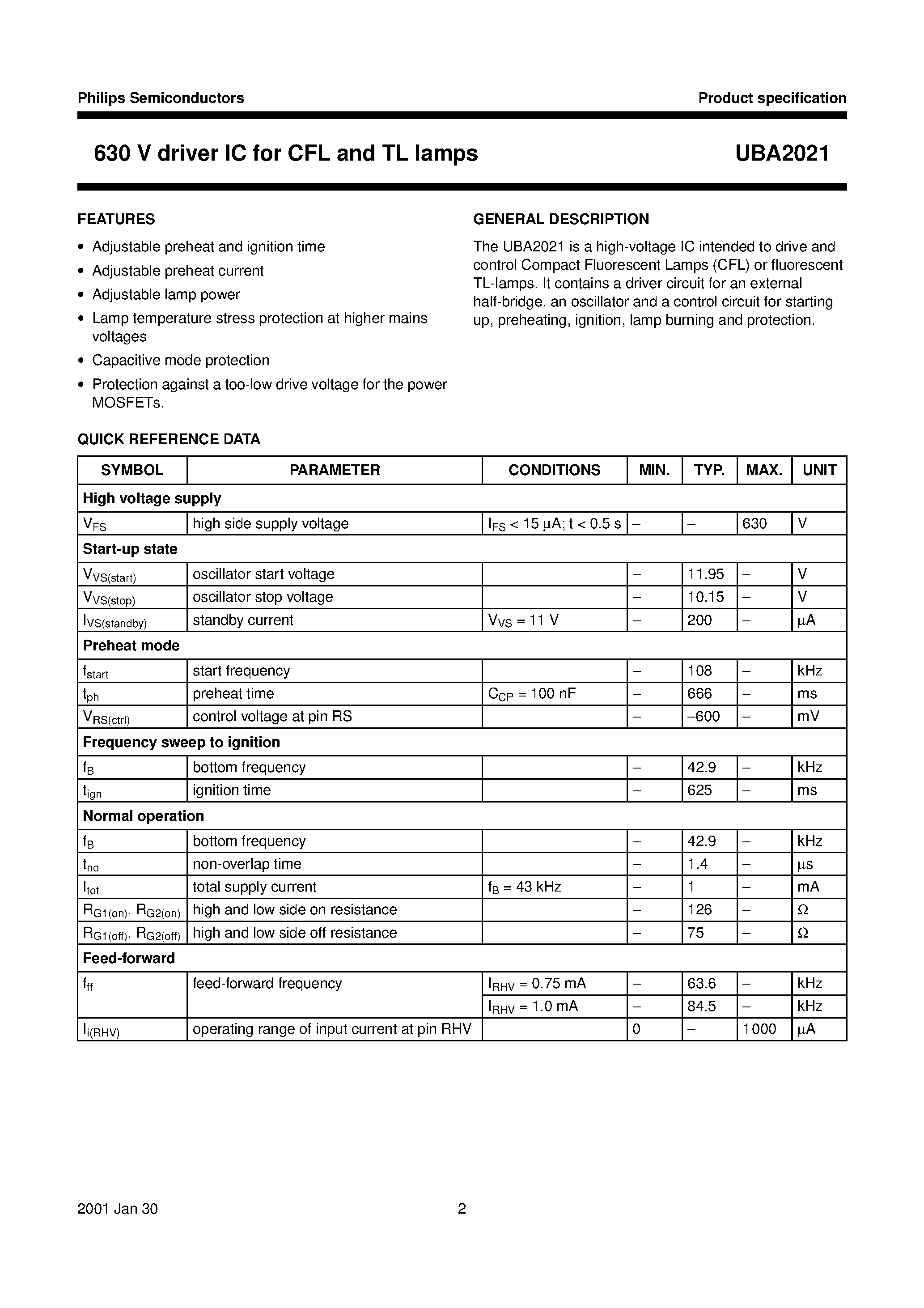 Даташит UBA2021 - 630 V driver IC for CFL and TL lamps страница 2