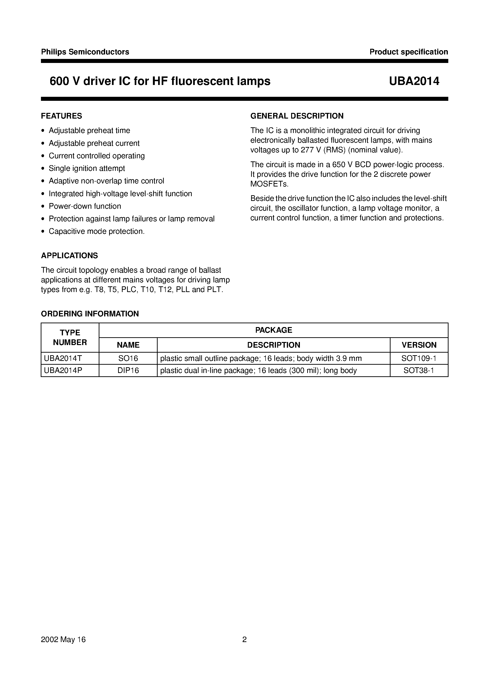 Даташит UBA2014 - 600 V driver IC for HF fluorescent lamps страница 2