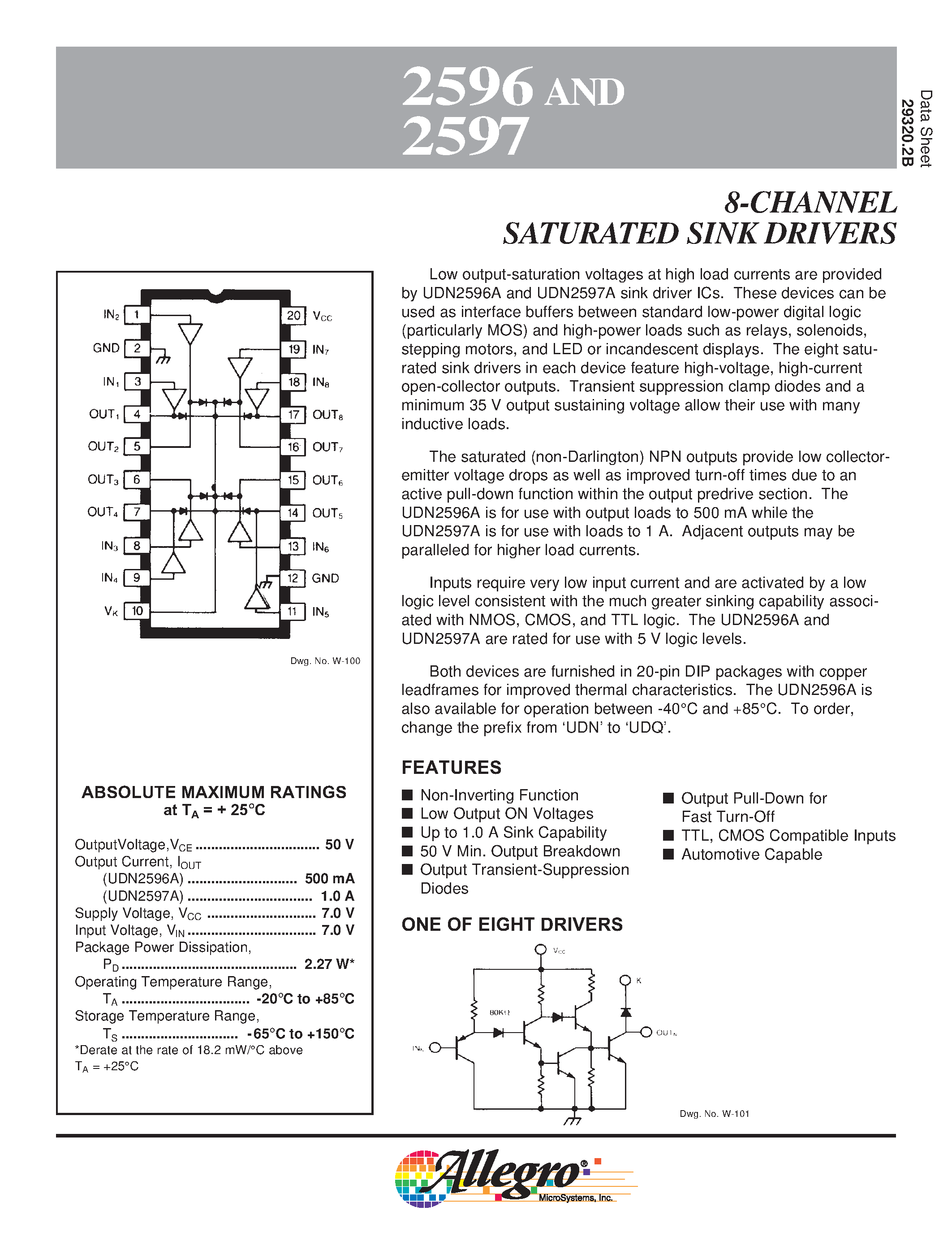 Даташит UDN2597 - 8-CHANNEL SATURATED SINK DRIVERS страница 1