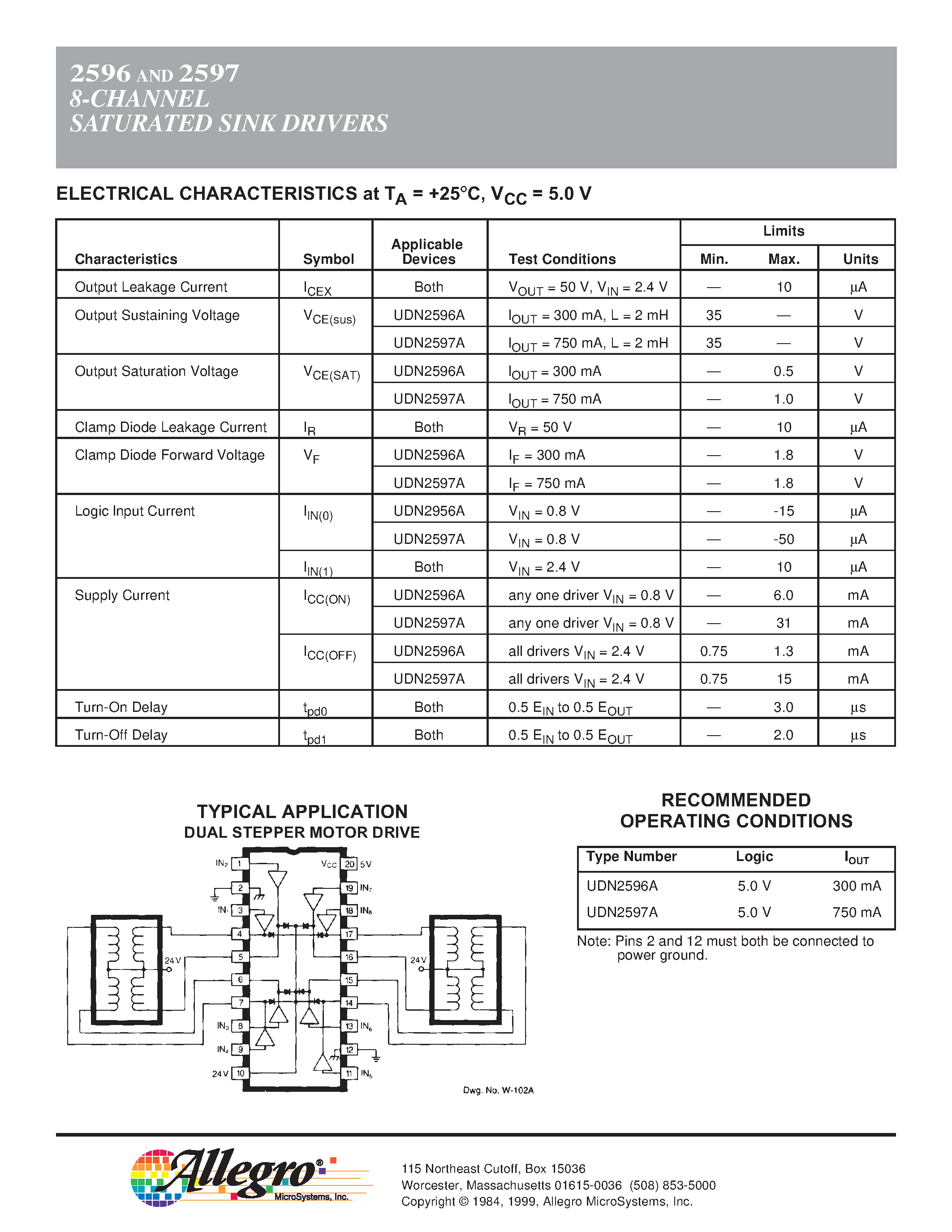 Даташит UDN2596 - 8-CHANNEL SATURATED SINK DRIVERS страница 2
