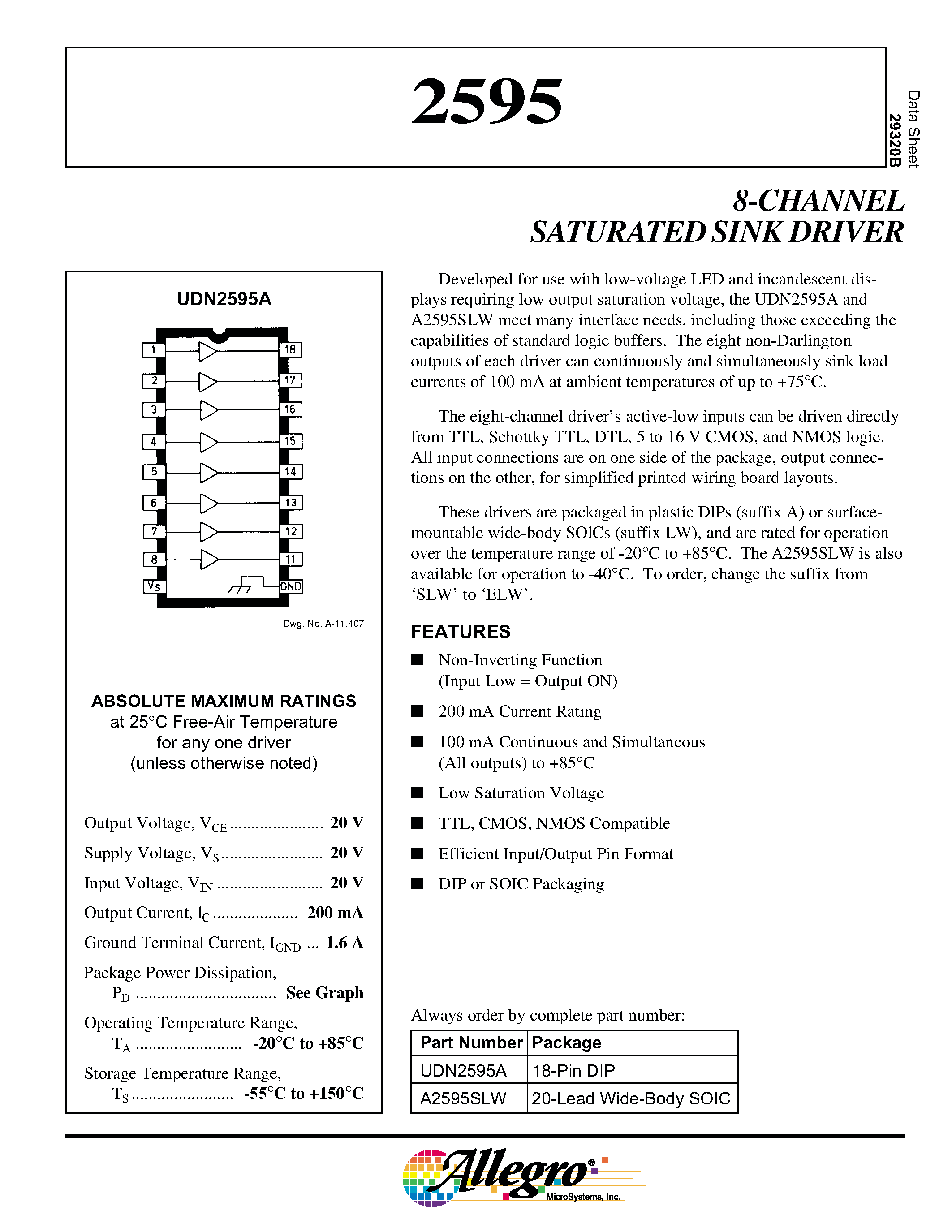 Даташит UDN2595 - 8-CHANNEL SATURATED SINK DRIVERS страница 1