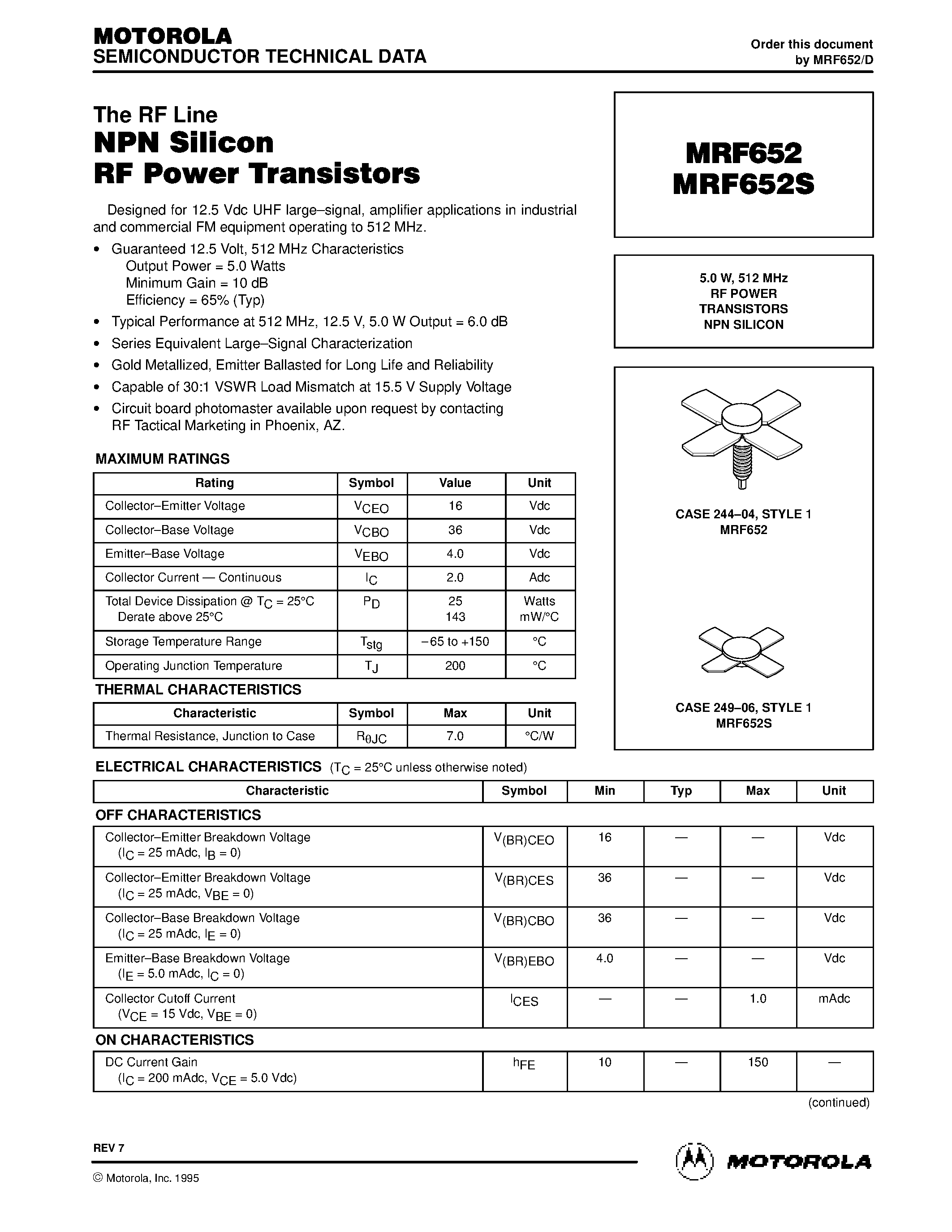 Datasheet MRF652 page 1 Datasheet MRF652 - RF POWER TRANSISTORS NPN SILICON page 1