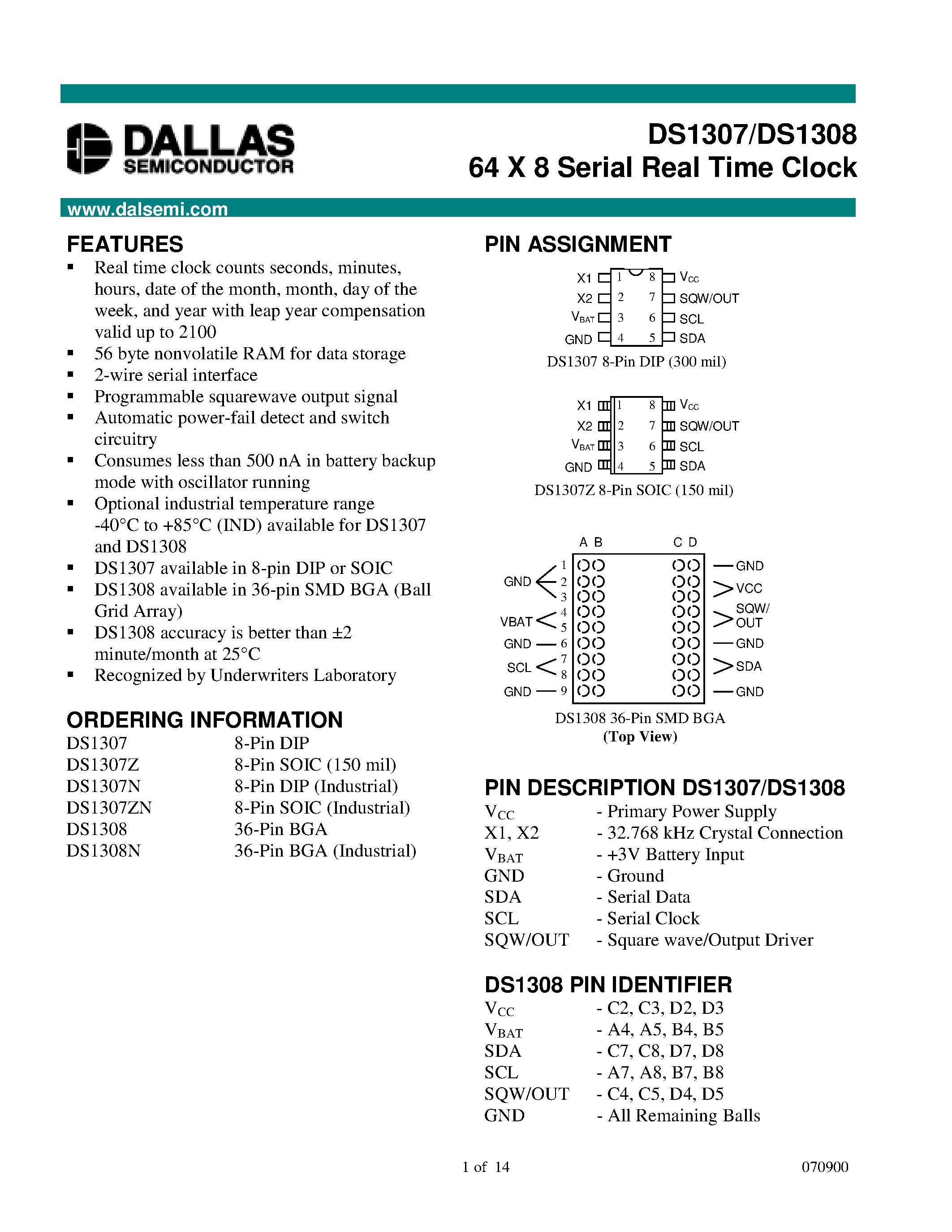 Даташит на микросхему DS1307 страница 1 Даташит DS1307 - (DS1308) 64 x 8 Serial Real Time Clock страница 1