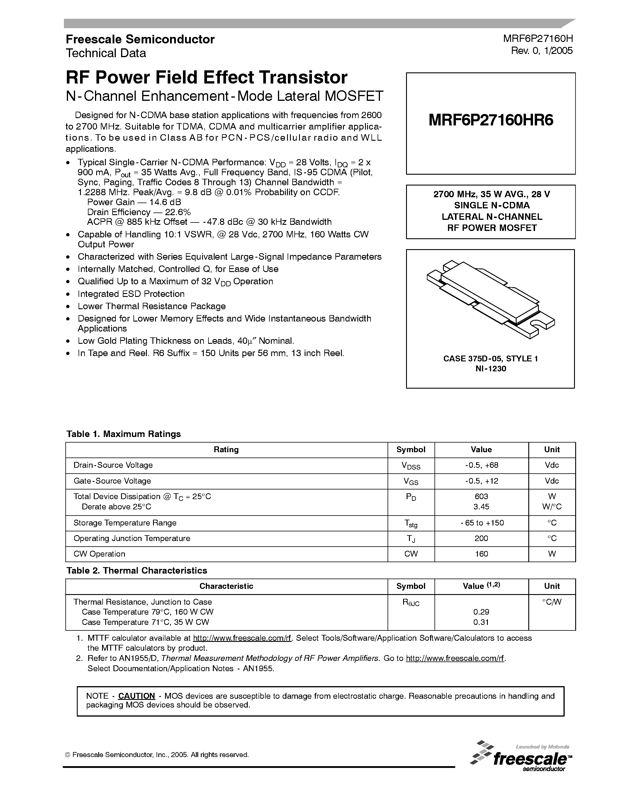 Datasheet MRF6P27160HR6 - RF Power Field Effect Transistor N-Channel Enhancement-Mode Lateral MOSFET page 1