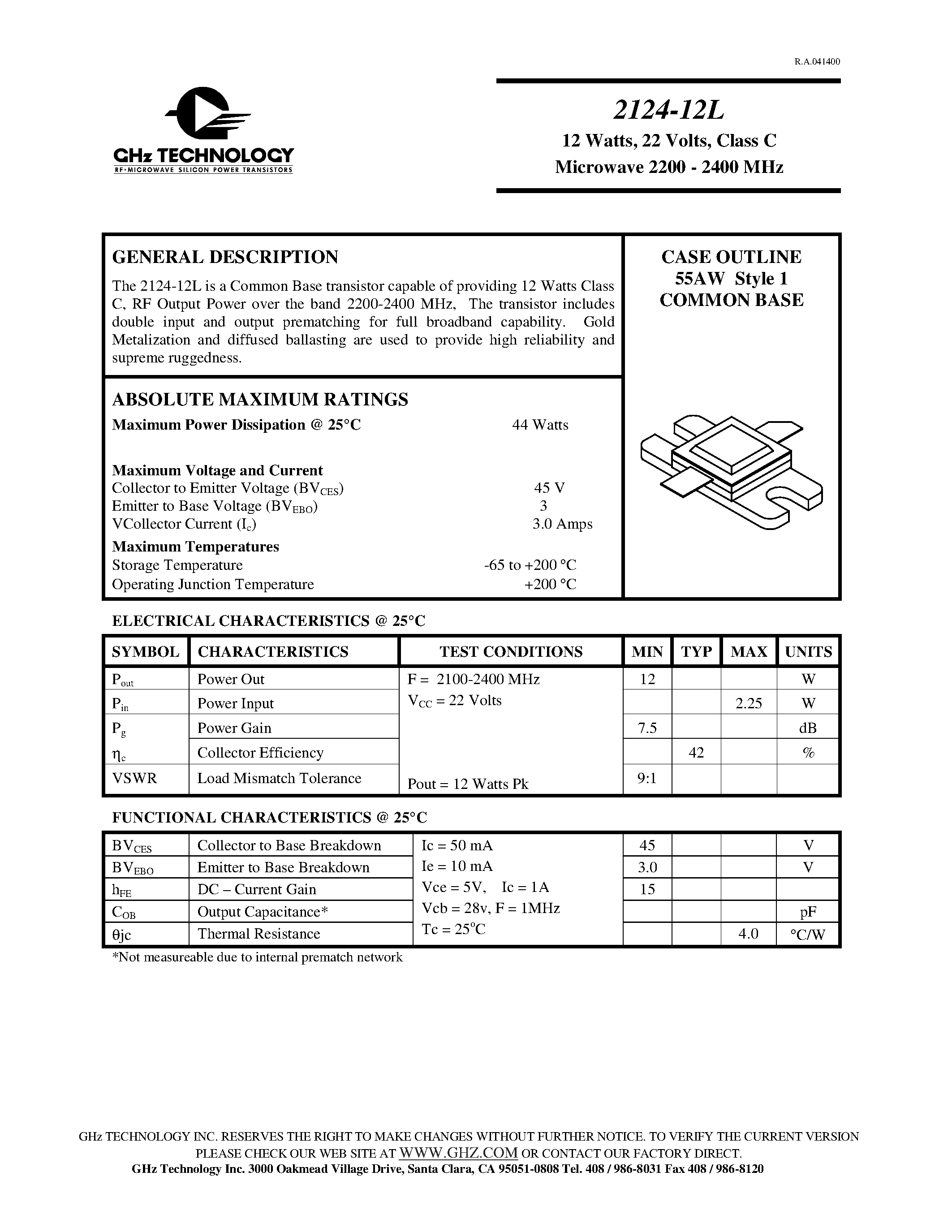 Даташит 2124-12L - 12W / 22V / Class C / Microwavw 2200 - 2400 Mhz страница 1