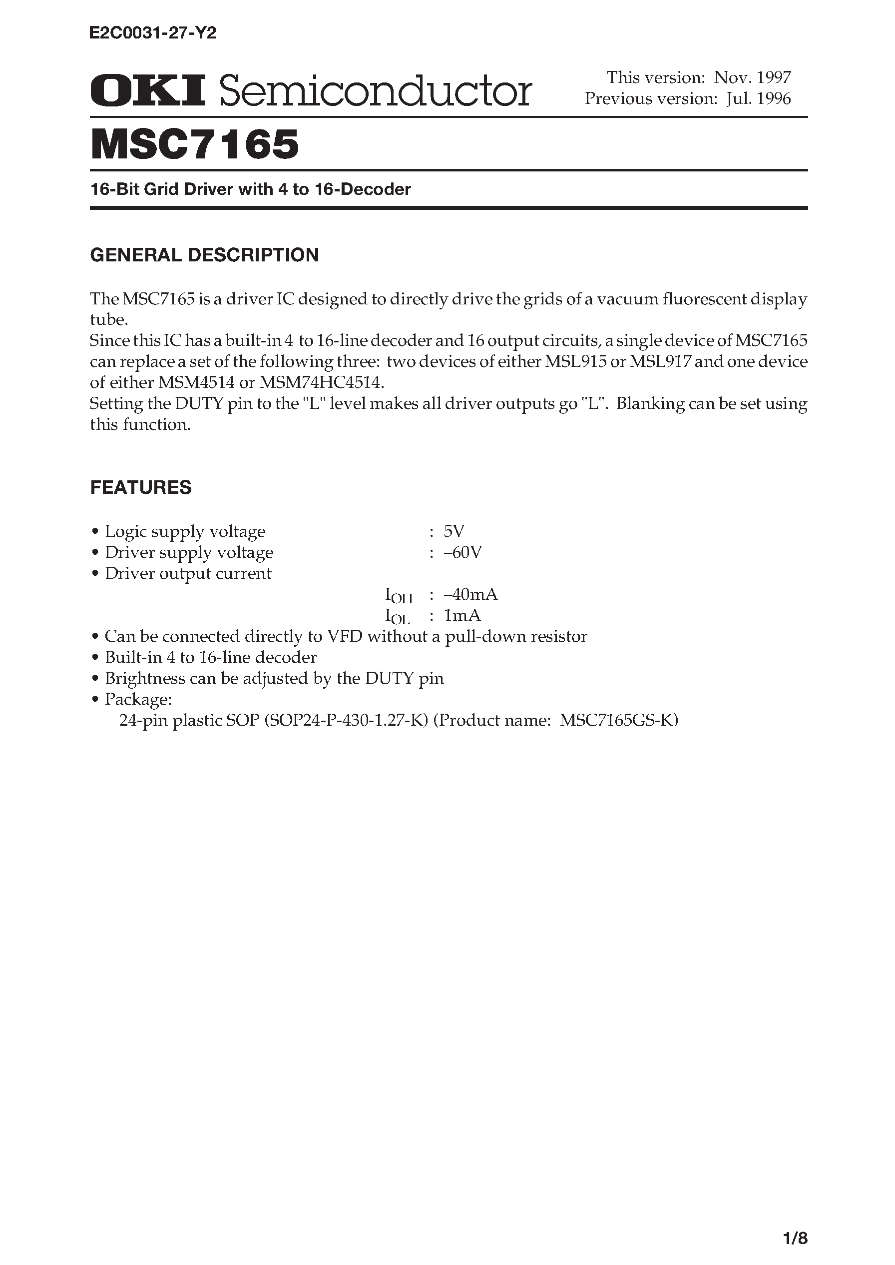 Datasheet MSC7165 - 16-Bit Grid Driver with 4 to 16-Decoder page 1