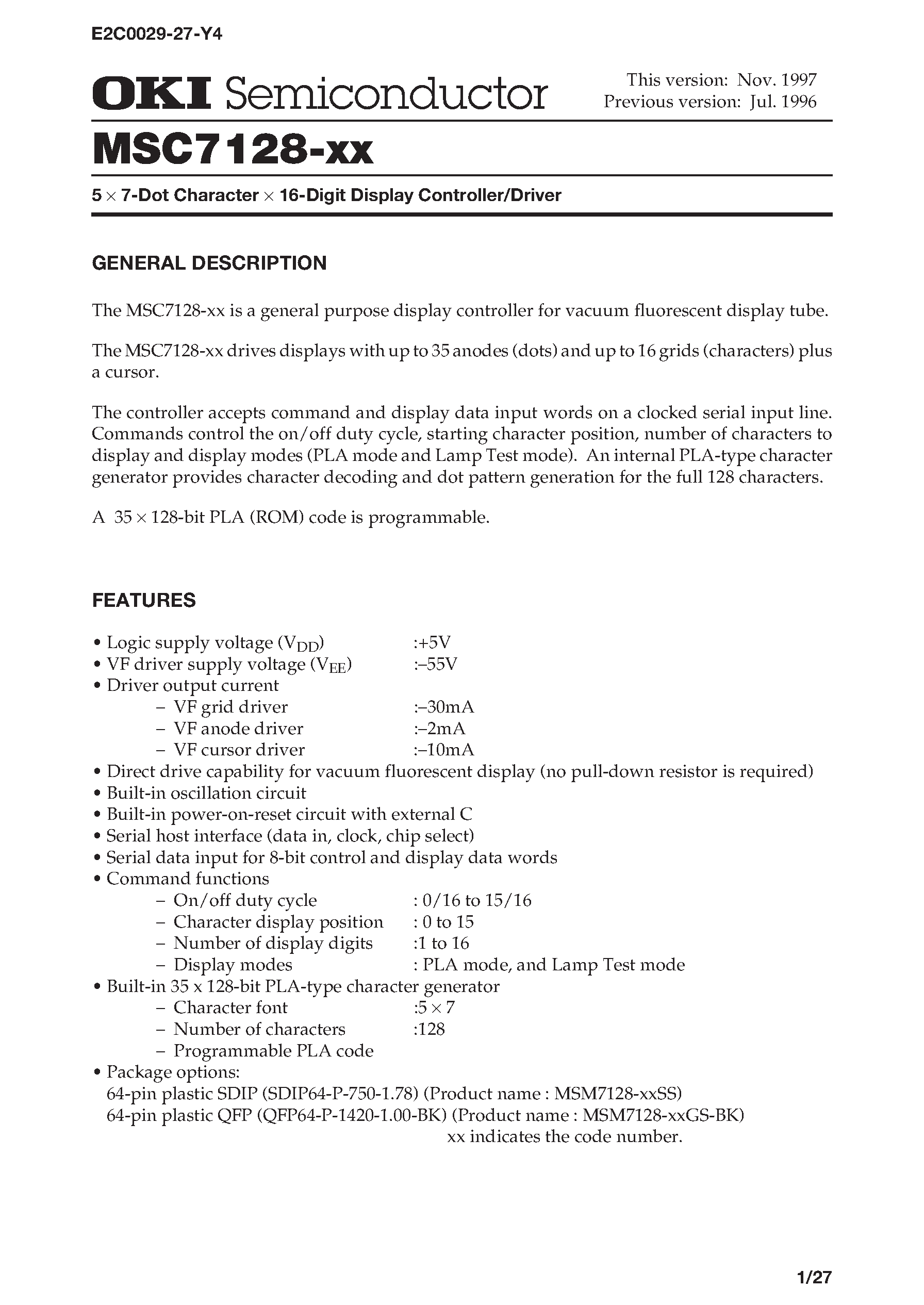 Даташит на микросхему MSC7128-xx страница 1 Даташит MSC7128-xx - 5 x 7-Dot Character x 16-Digit Display Controller/Driver страница 1