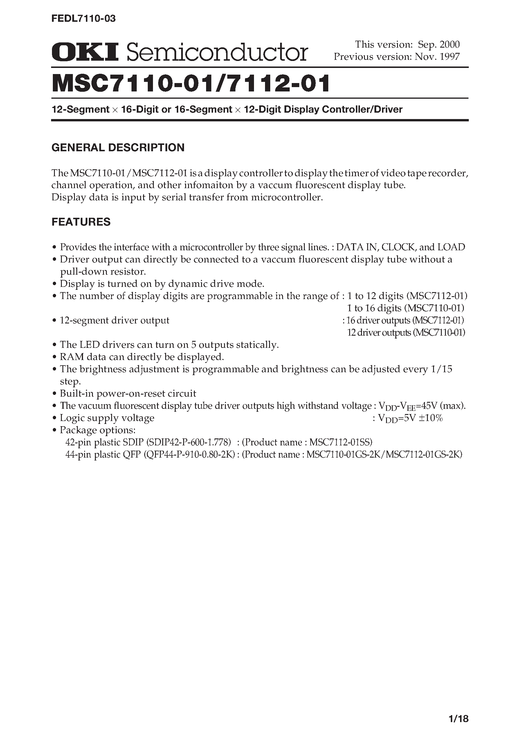 Datasheet MSC7110-01 - 12-Segment x 16-Digit or 16-Segment x12-Digit Display Controller/Driver page 1
