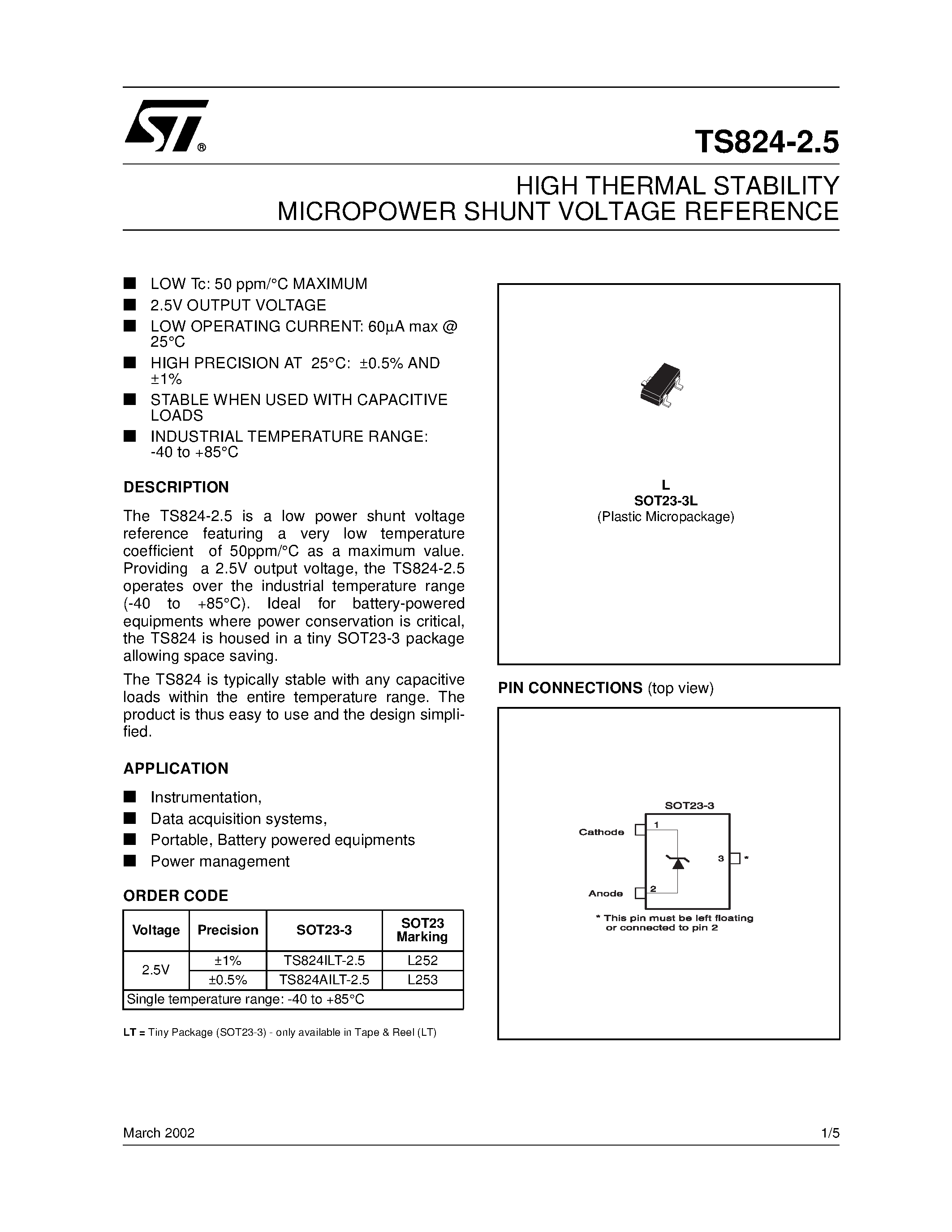 Datasheet TS824-2.5 - HIGH THERMAL STABILITY MICROPOWER SHUNT VOLTAGE REFERENCE page 1