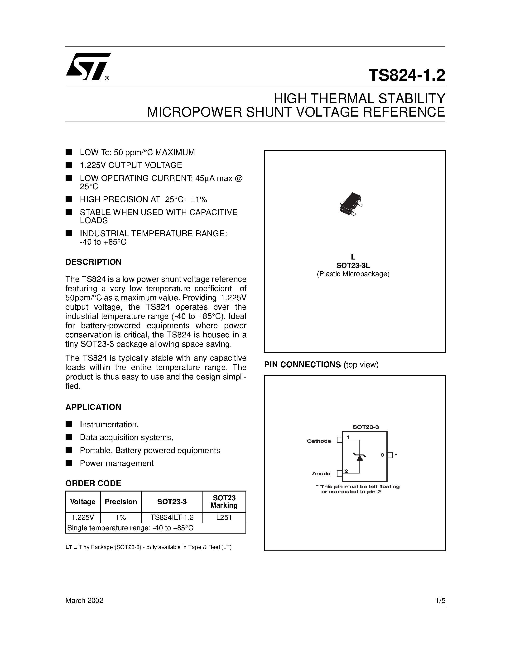 Datasheet TS824-1.2 - HIGH THERMAL STABILITY MICROPOWER SHUNT VOLTAGE REFERENCE page 1