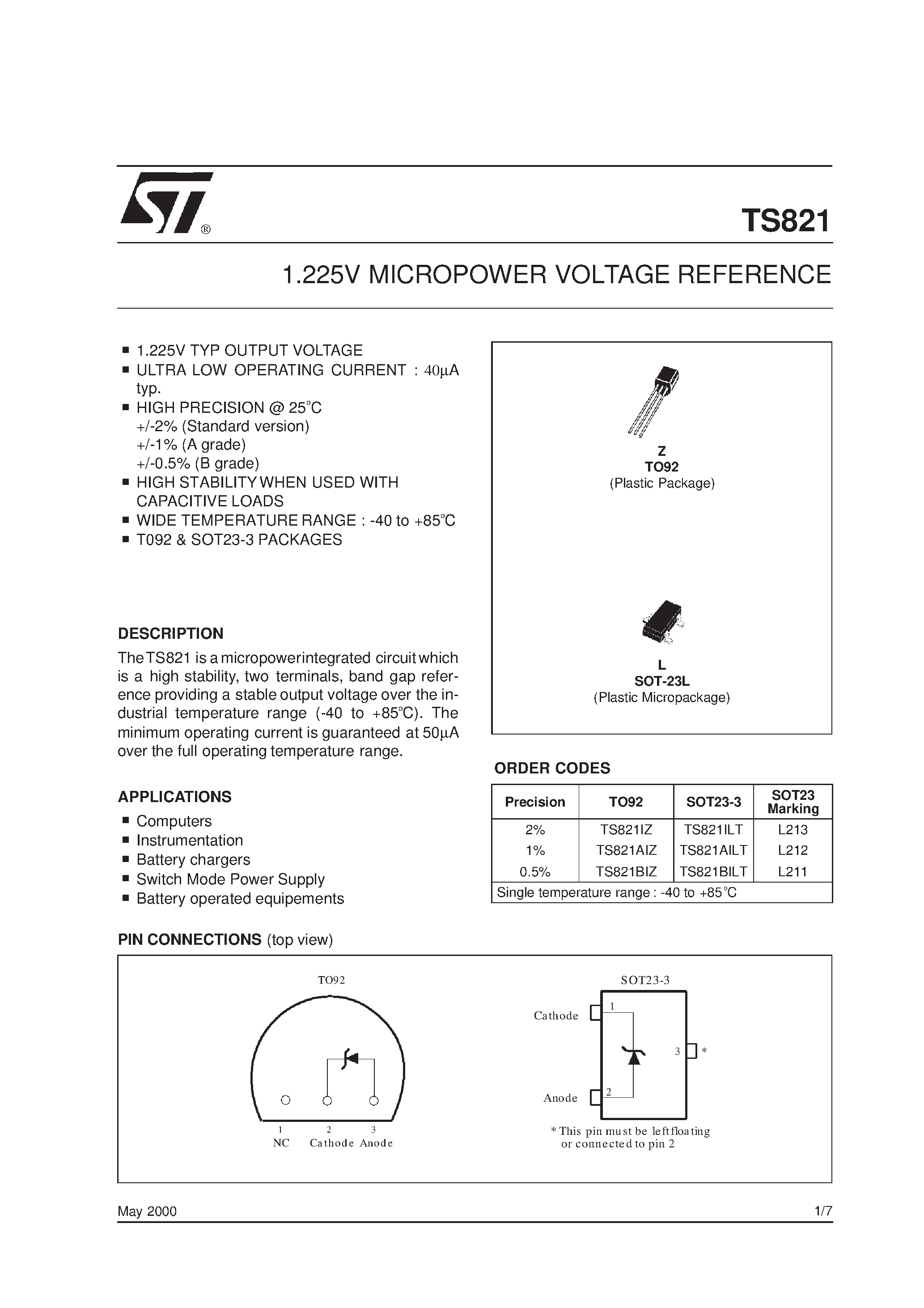 Datasheet TS821 page 1 Datasheet TS821 - 1.225V MICROPOWER VOLTAGE REFERENCE page 1