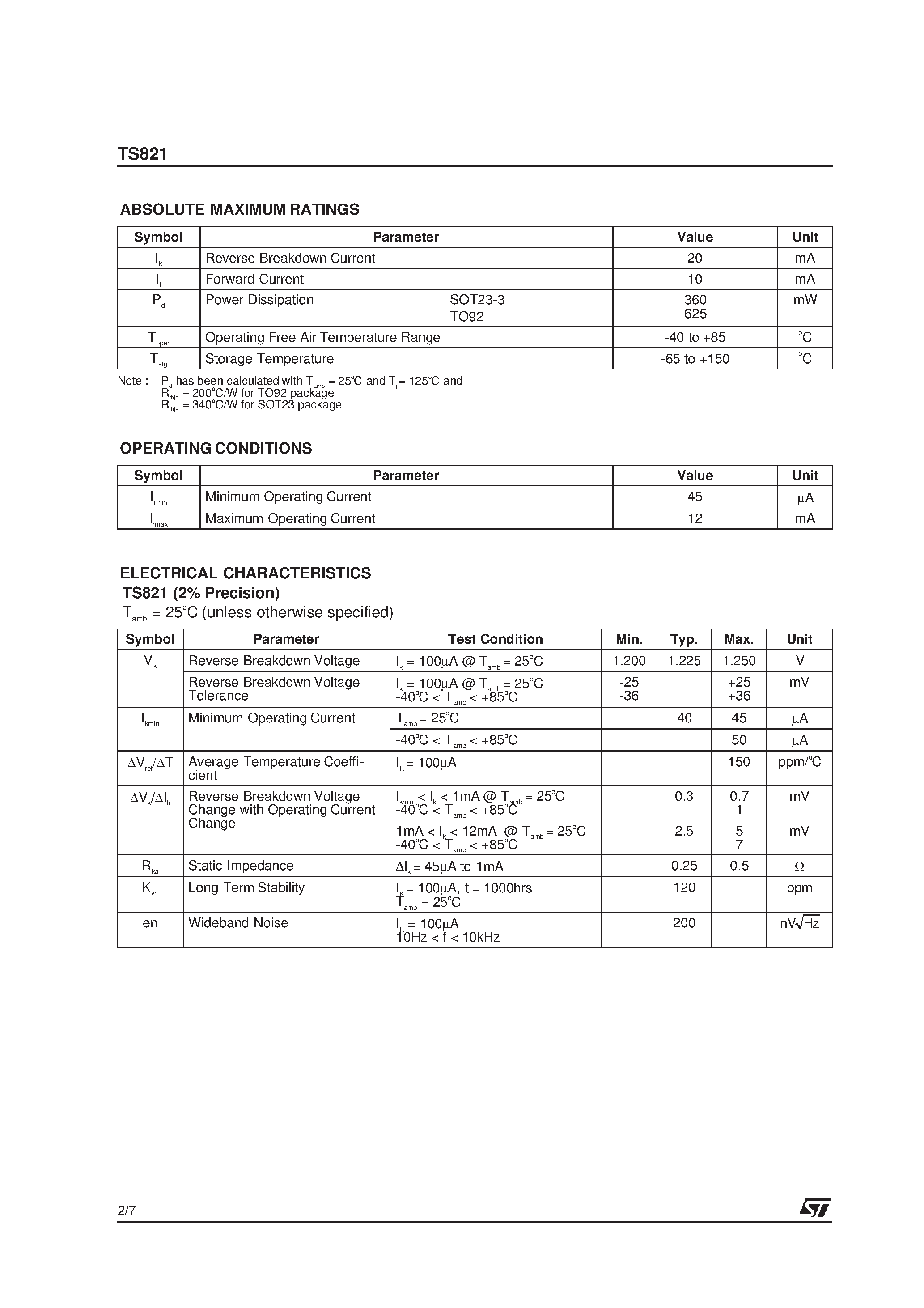 Datasheet TS821 page 2 Datasheet TS821 - 1.225V MICROPOWER VOLTAGE REFERENCE page 2