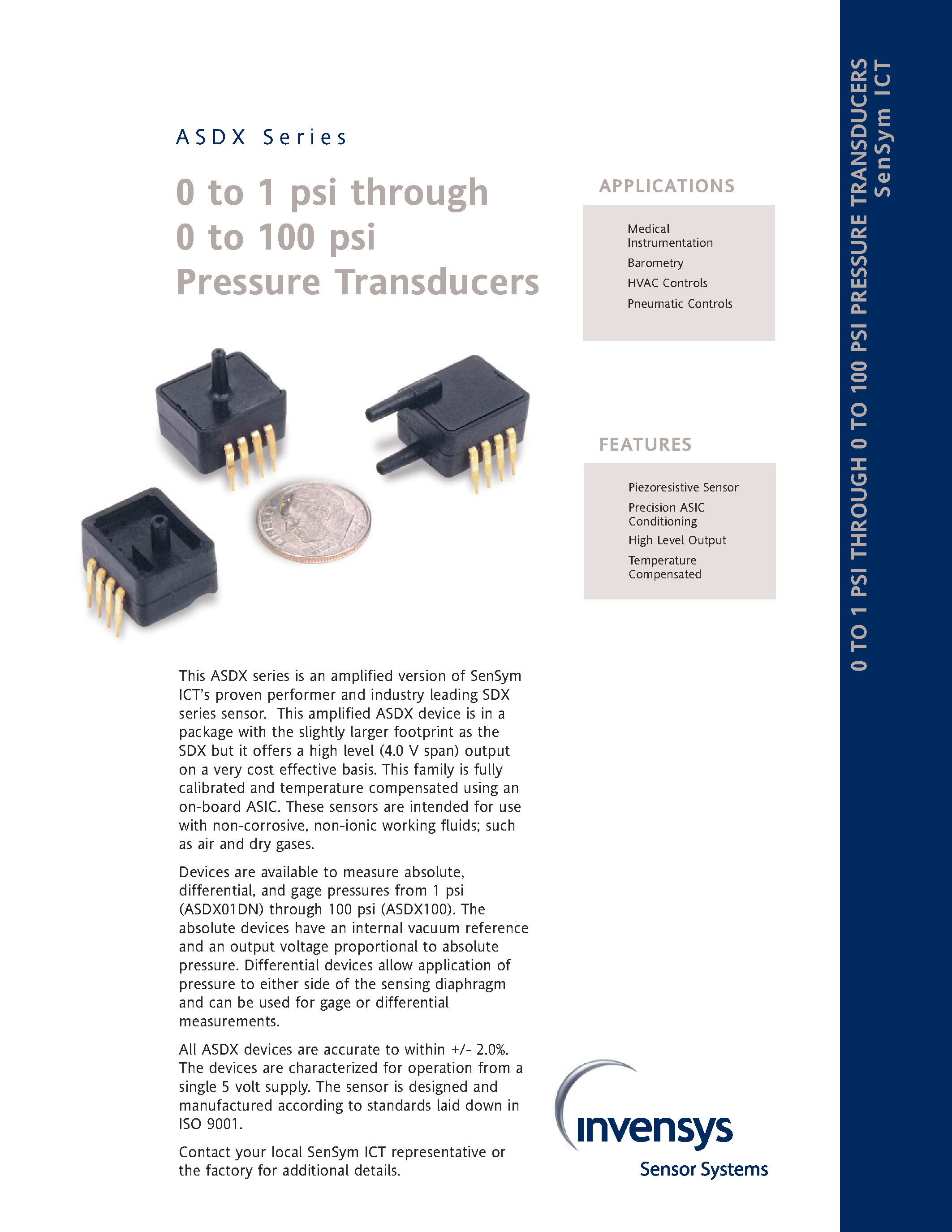 Datasheet ASDXxxx page 1 Datasheet ASDXxxx - 0 TO 1 PSI THROUGH 0 TO 100 PSI PRESSURE TRANSDUCERS SenSym ICT page 1