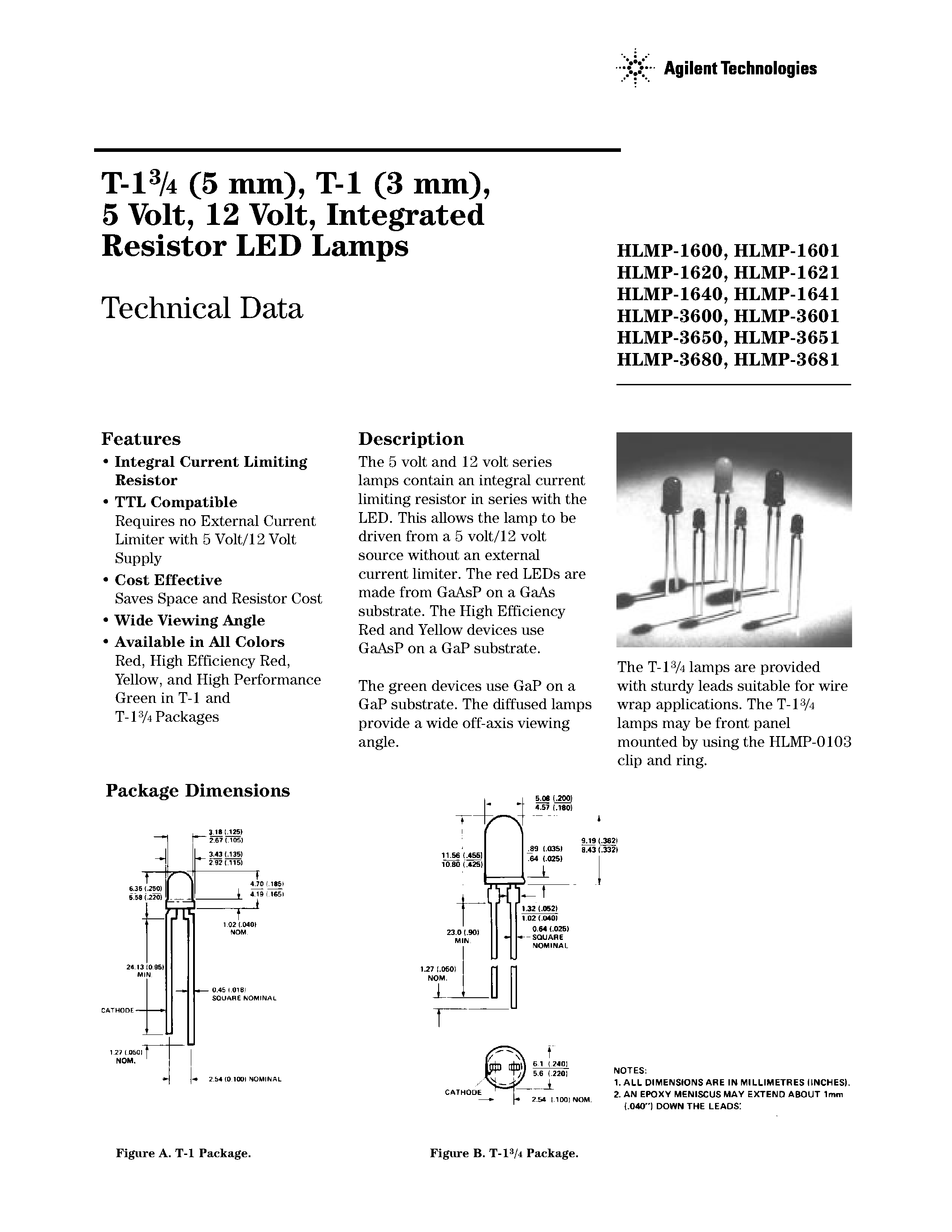 Даташит HLMP-16xx - Integrated Resistor LED Lamps страница 1