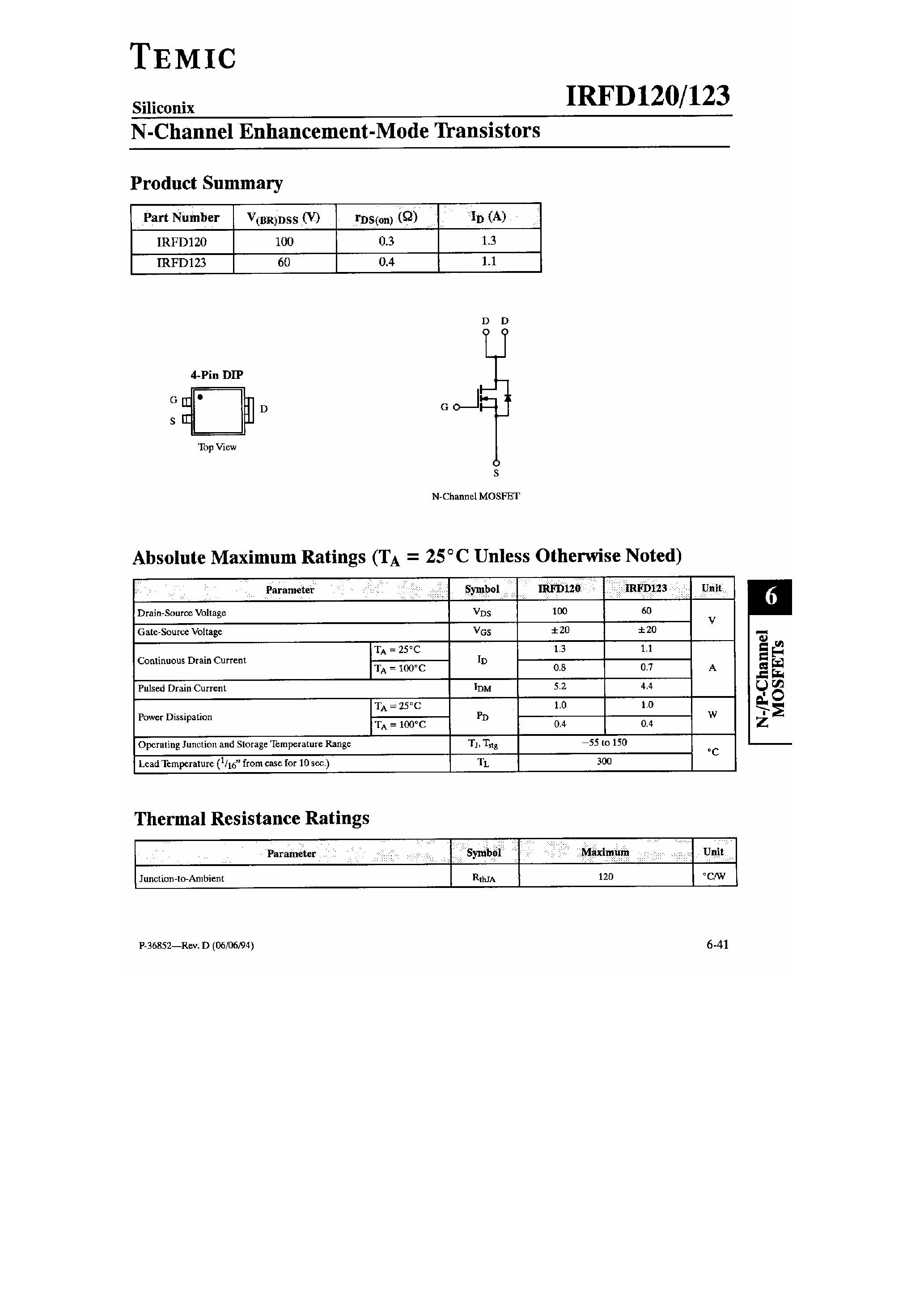 Datasheet IRFD120 - (IRFD123) N-Channle Enhancement Mode Transistors page 1