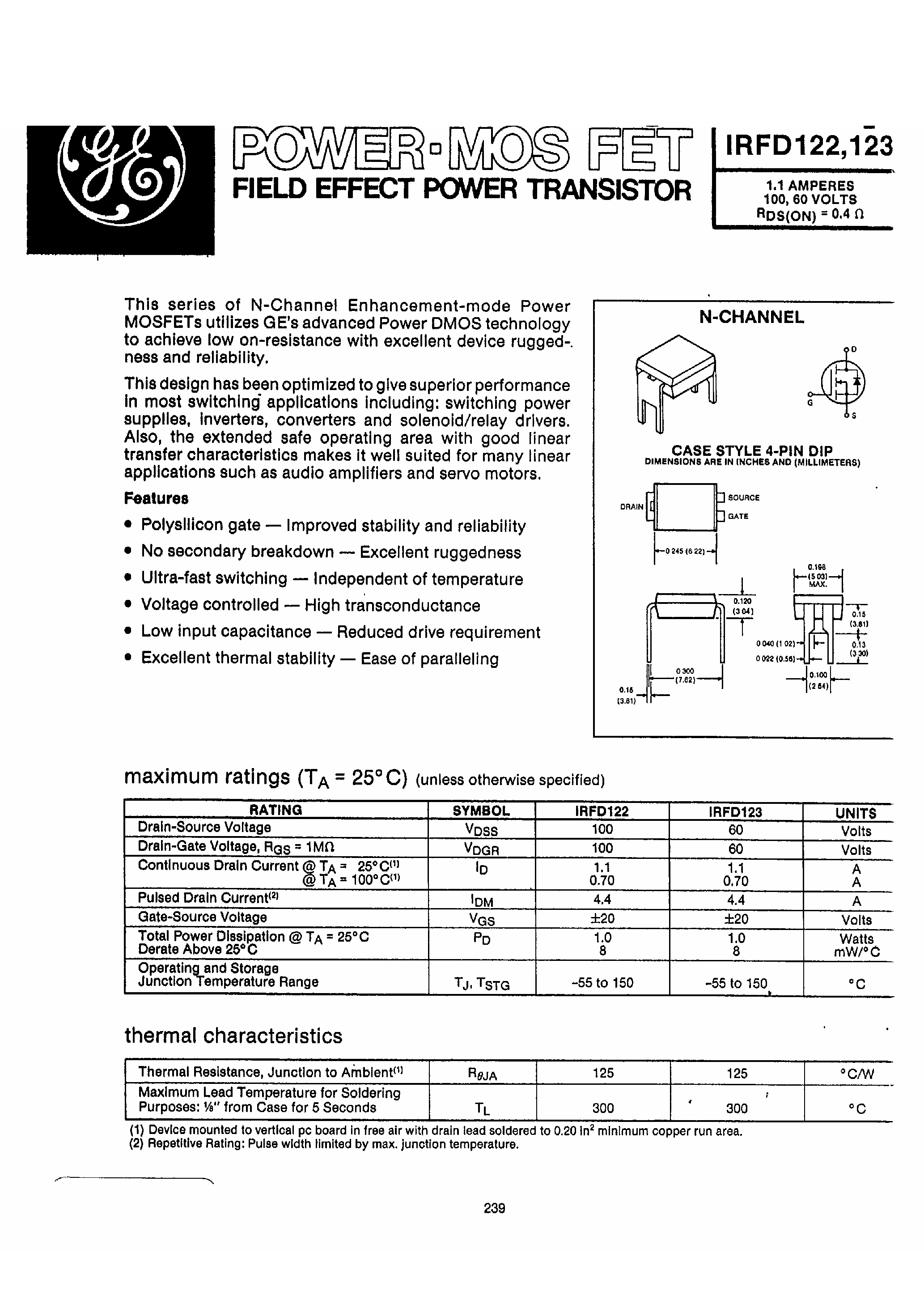 Datasheet IRFD122 - (IRFD123) Field Effect Power Transistor page 1