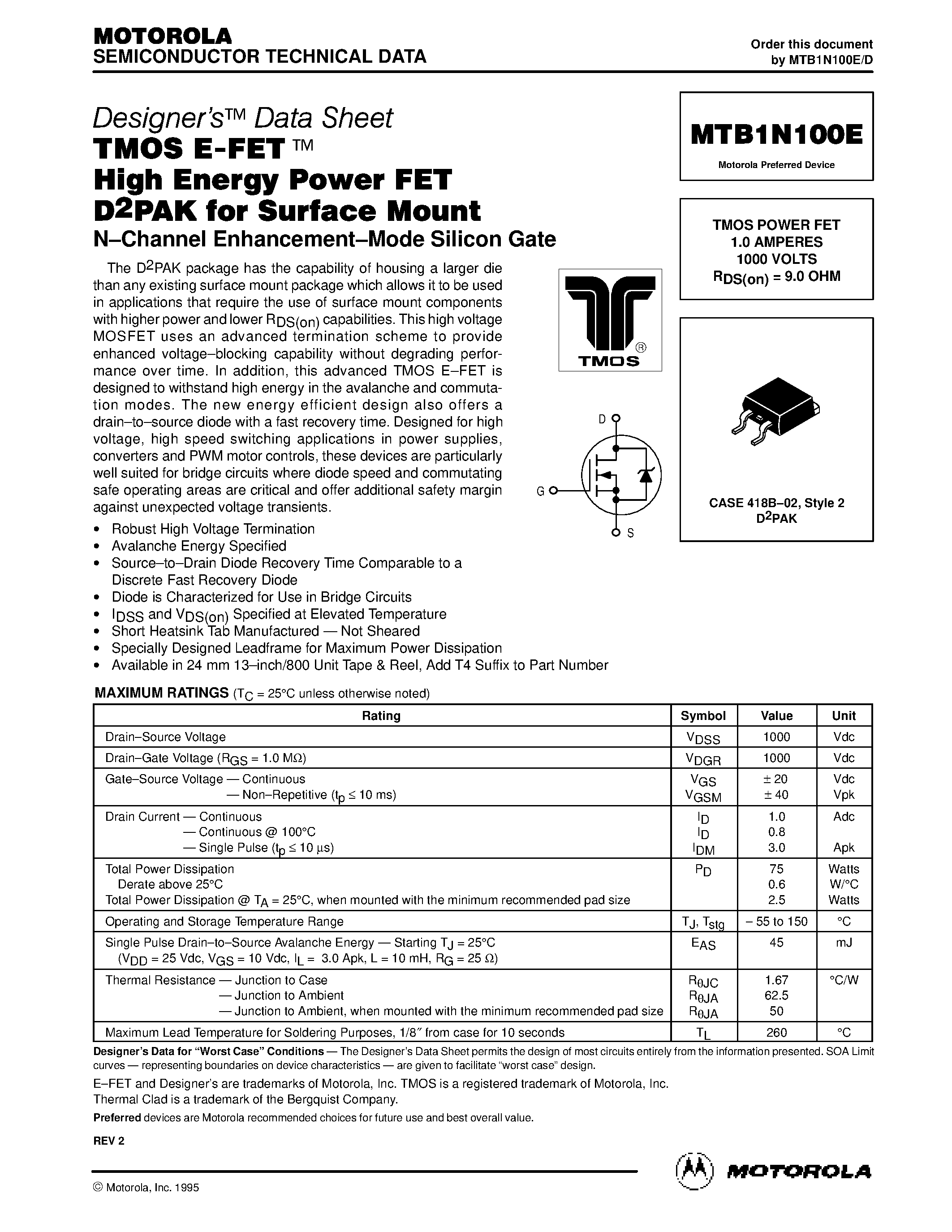 Datasheet MTB1N100E page 1 Datasheet MTB1N100E - TMOS POWER FET 1.0 AMPERES 1000 VOLTS page 1