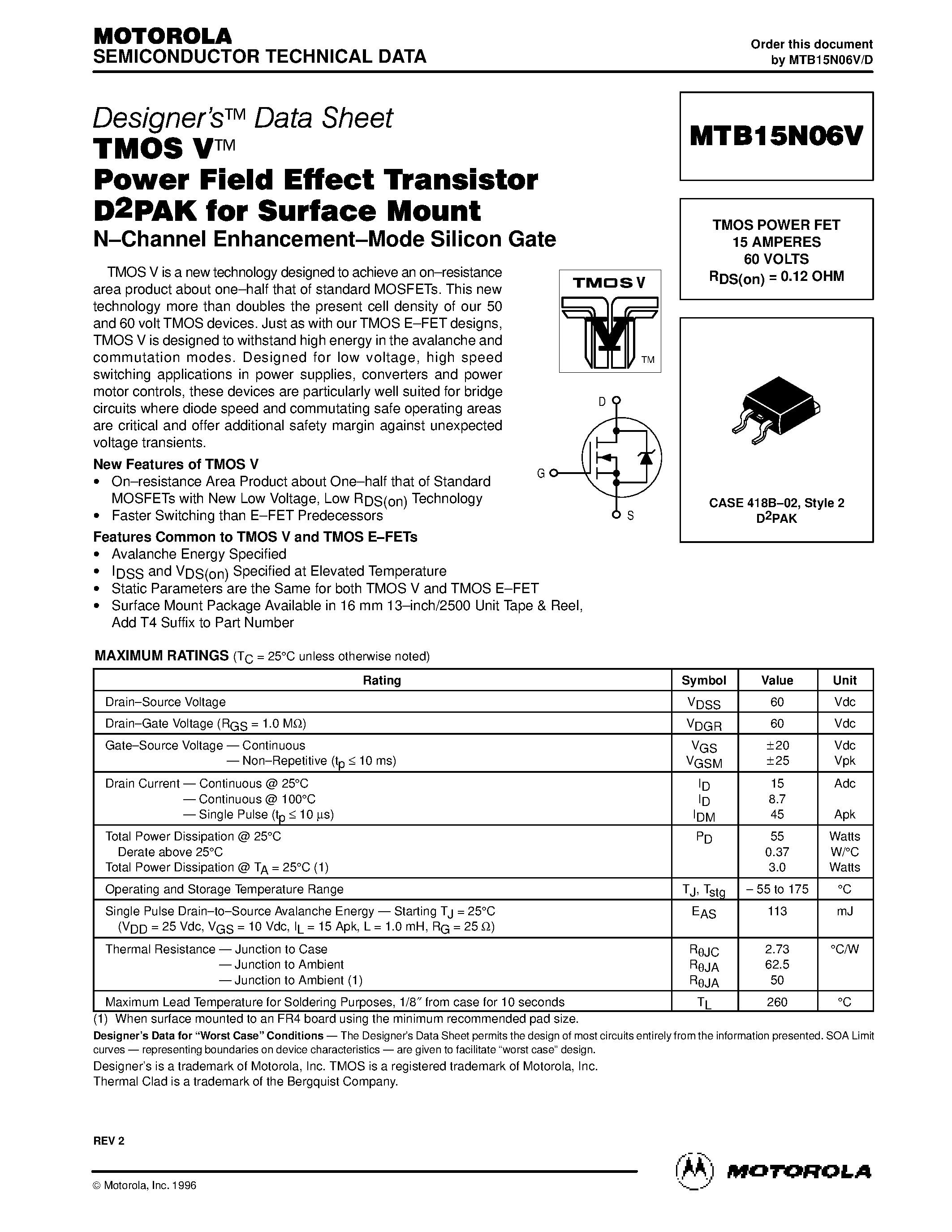 Datasheet MTB15N06V - TMOS POWER FET 15 AMPERES page 1
