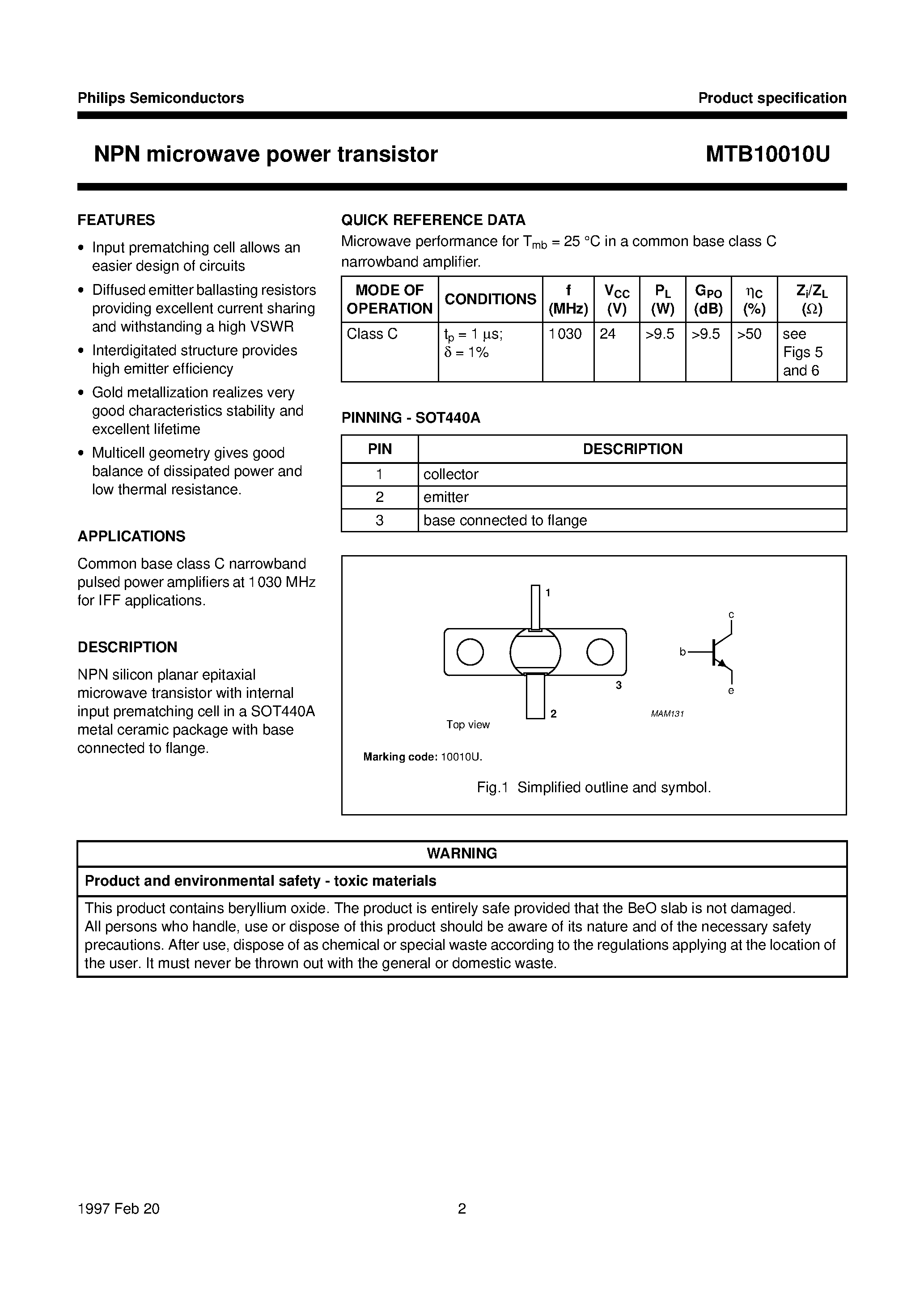 Datasheet MTB10010U page 2 Datasheet MTB10010U - NPN microwave power transistor page 2