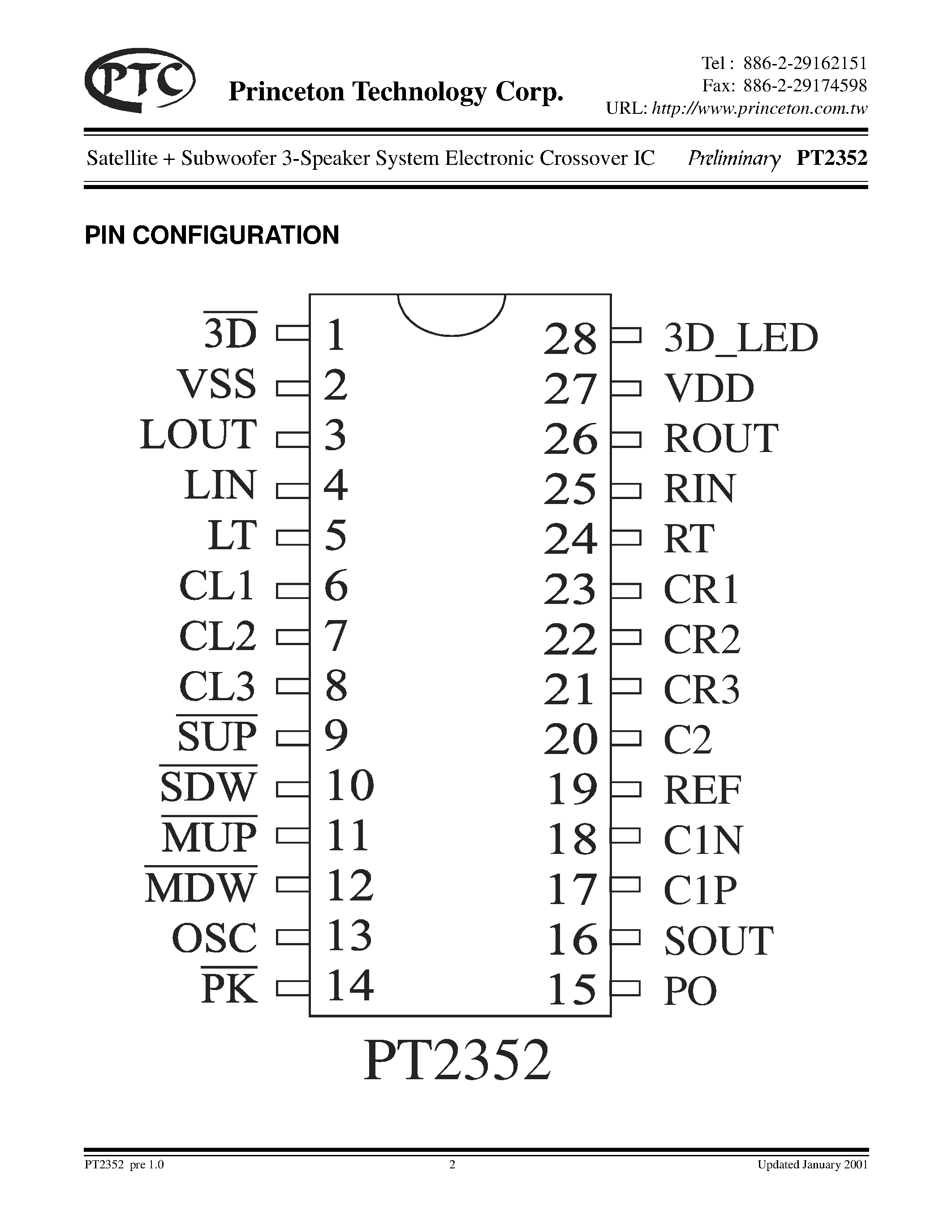 Datasheet PT2352 page 2 Datasheet PT2352 - SATELLITE SUBWOOFER 3-SPEAKER SYSTEM ELECTRONIC CROSSOVER IC page 2