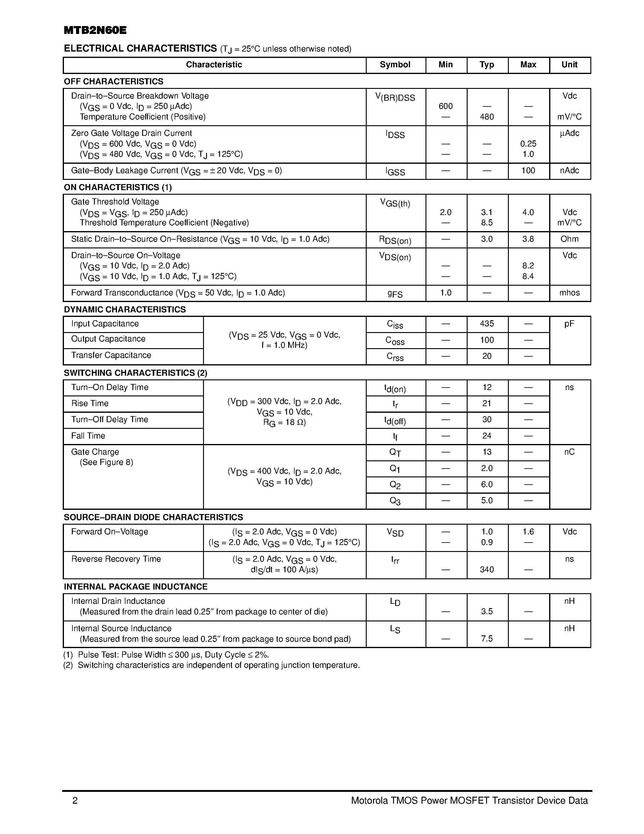 Datasheet MTB2N60E - TMOS POWER FET 2.0 AMPERES 600 VOLTS page 2