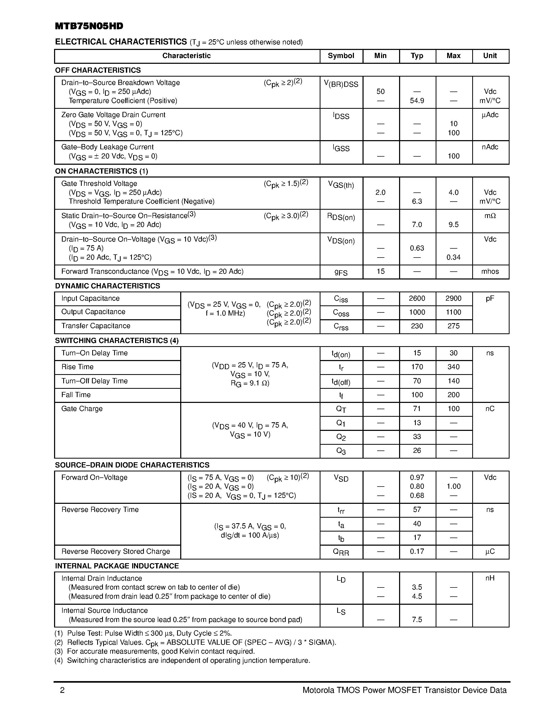 Даташит MTB75N05HD - TMOS POWER FET 75 AMPERES 50 VOLTS страница 2