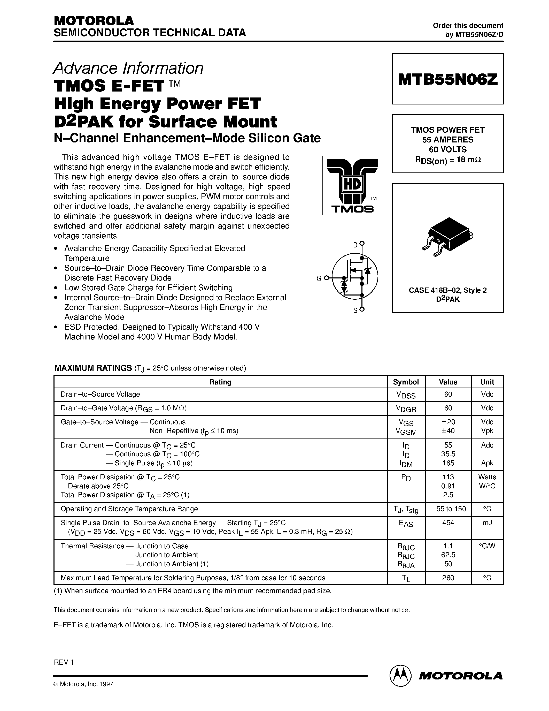Даташит MTB55N06Z - TMOS POWER FET 55 AMPERES 60 VOLTS страница 1