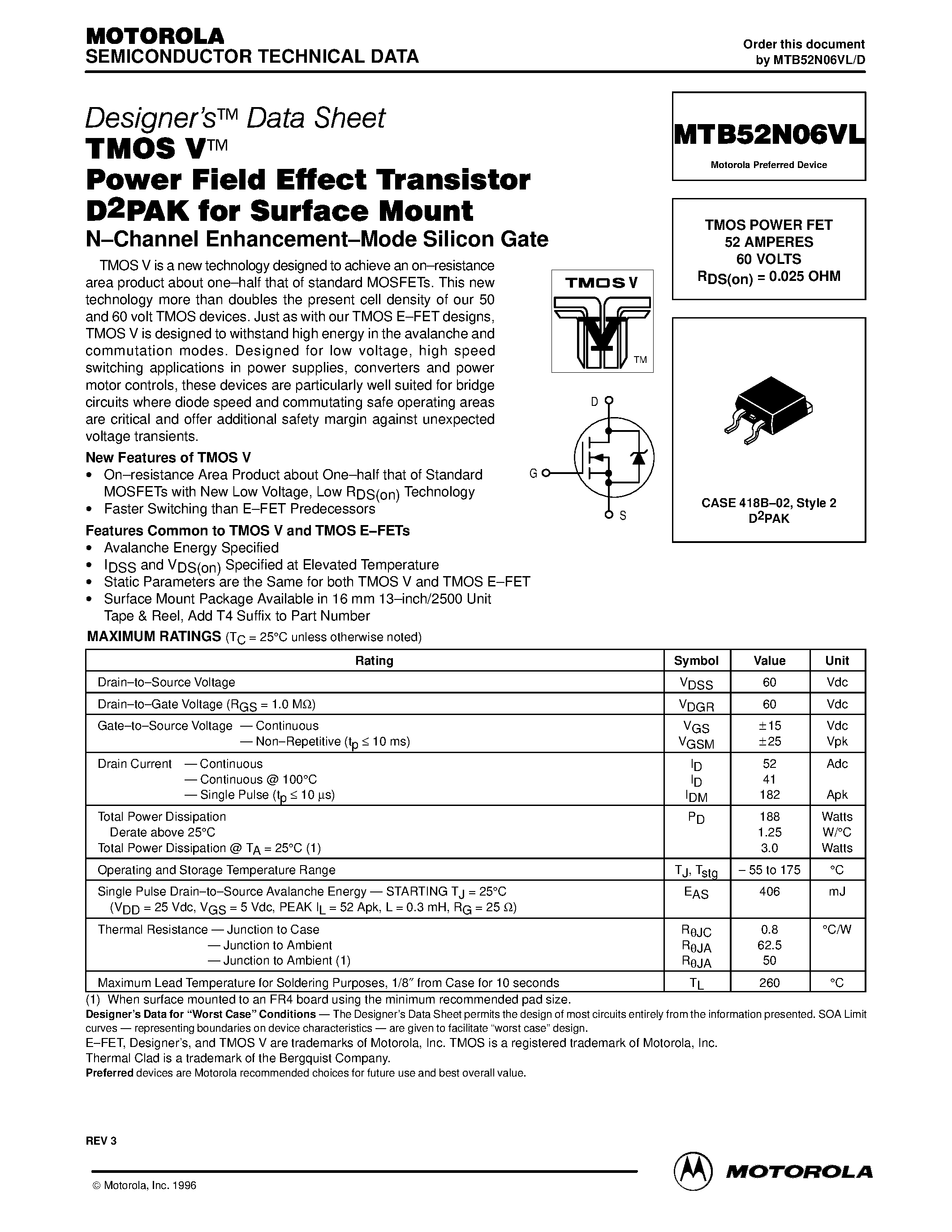 Datasheet MTB52N06VL - TMOS POWER FET 52 AMPERES 60 VOLTS page 1