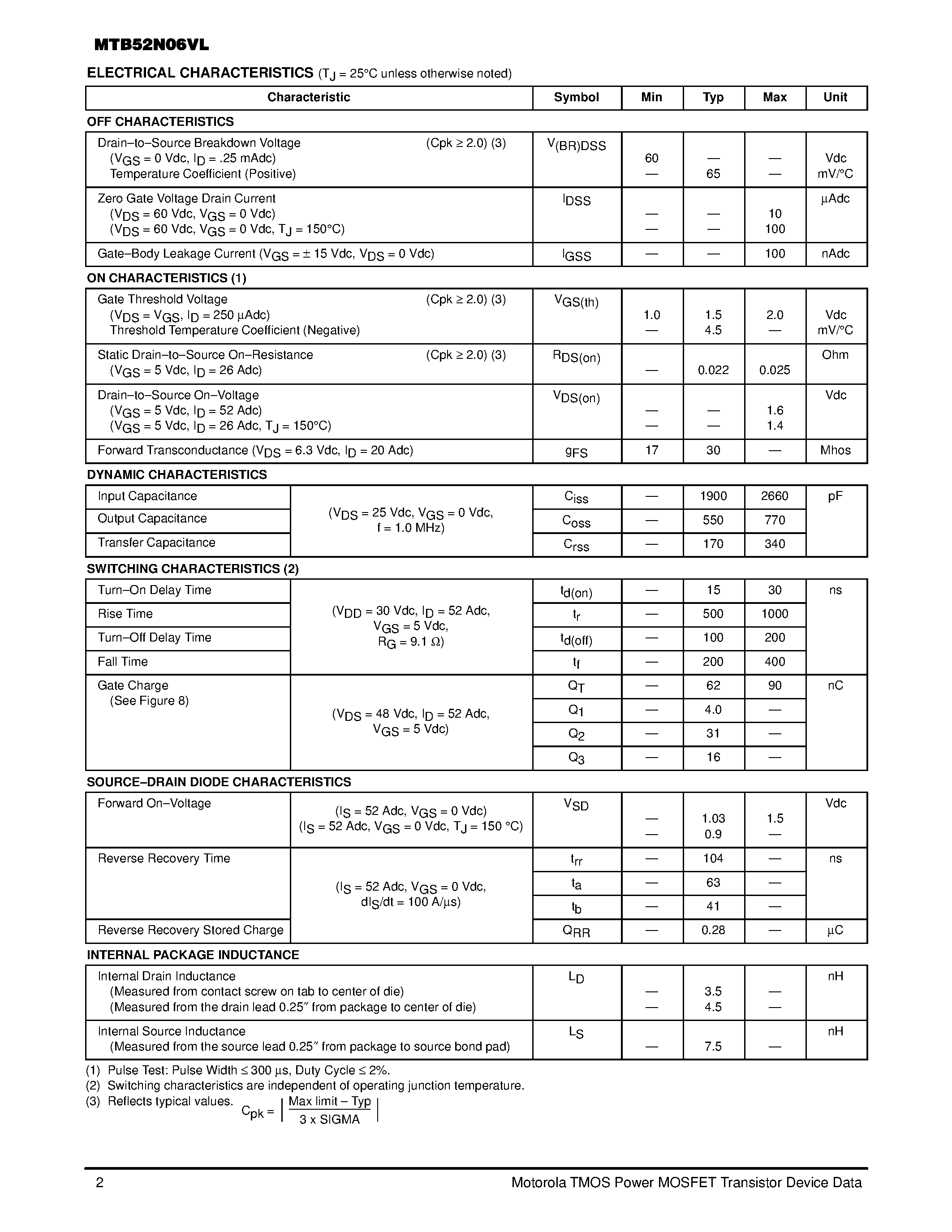 Даташит MTB52N06VL - TMOS POWER FET 52 AMPERES 60 VOLTS страница 2