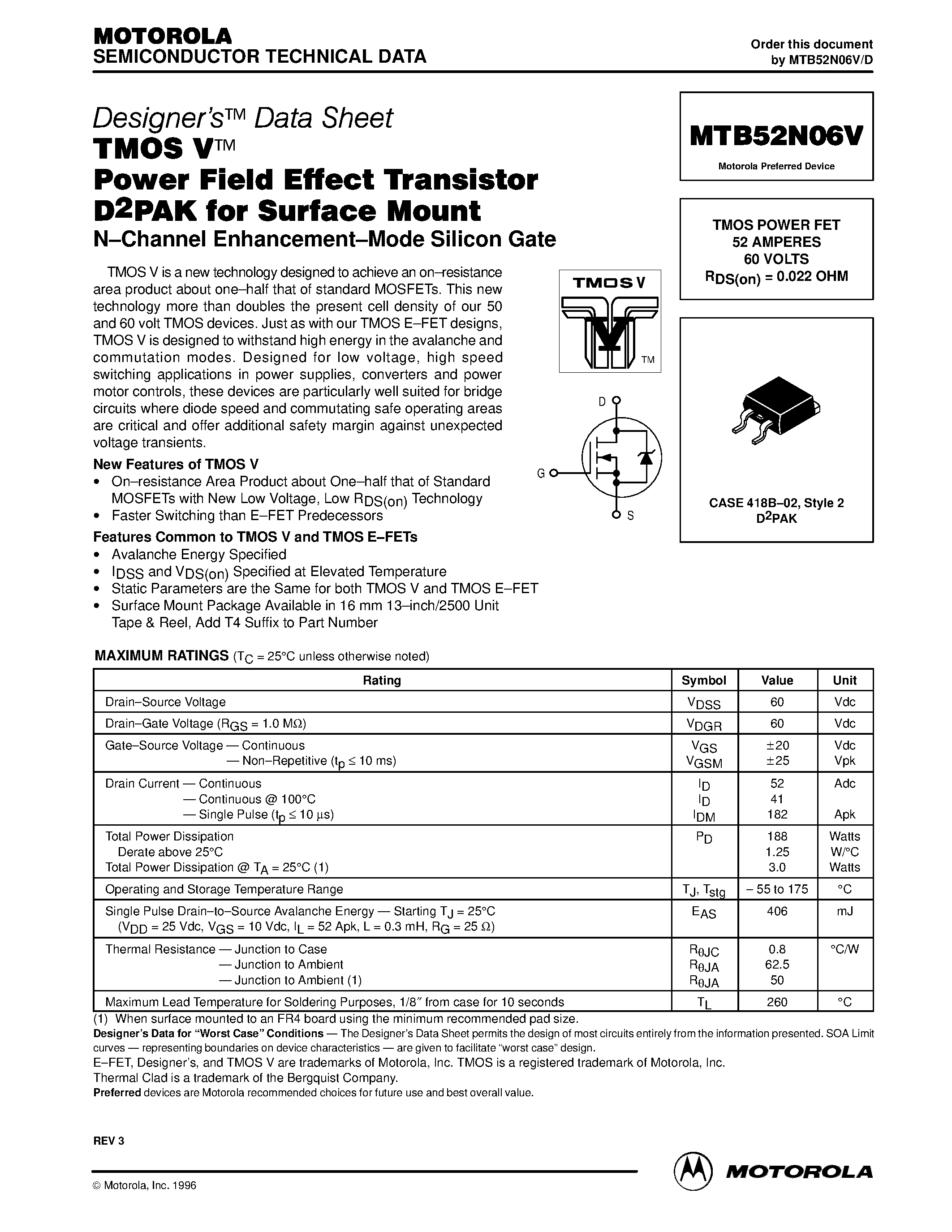 Datasheet MTB52N06V - TMOS POWER FET 52 AMPERES 60 VOLTS page 1