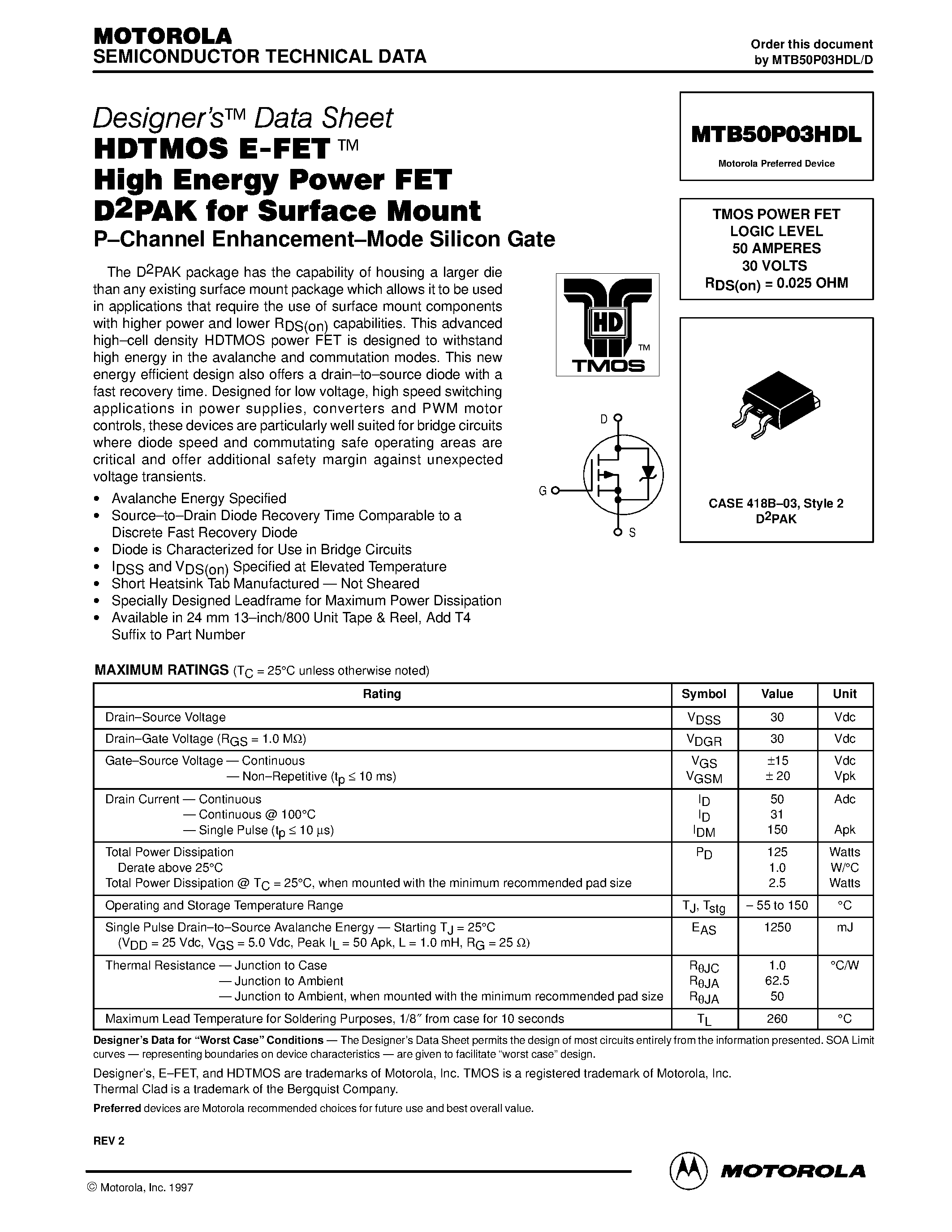 Даташит MTB50P03HDL - TMOS POWER FET LOGIC LEVEL 50 AMPERES 30 VOLTS страница 1